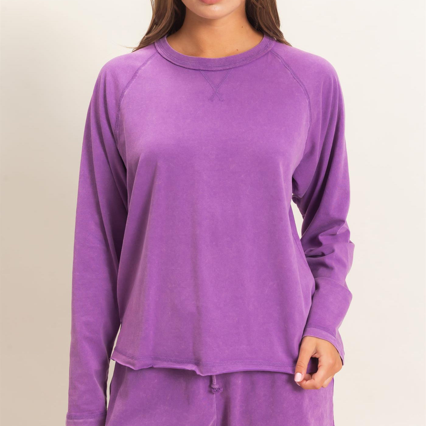 Wholesale Mineral Wash Long Sleeve Raw Edge Top & Shorts Set Clothing DZ26F403-SET PLUM DOUBLE ZERO