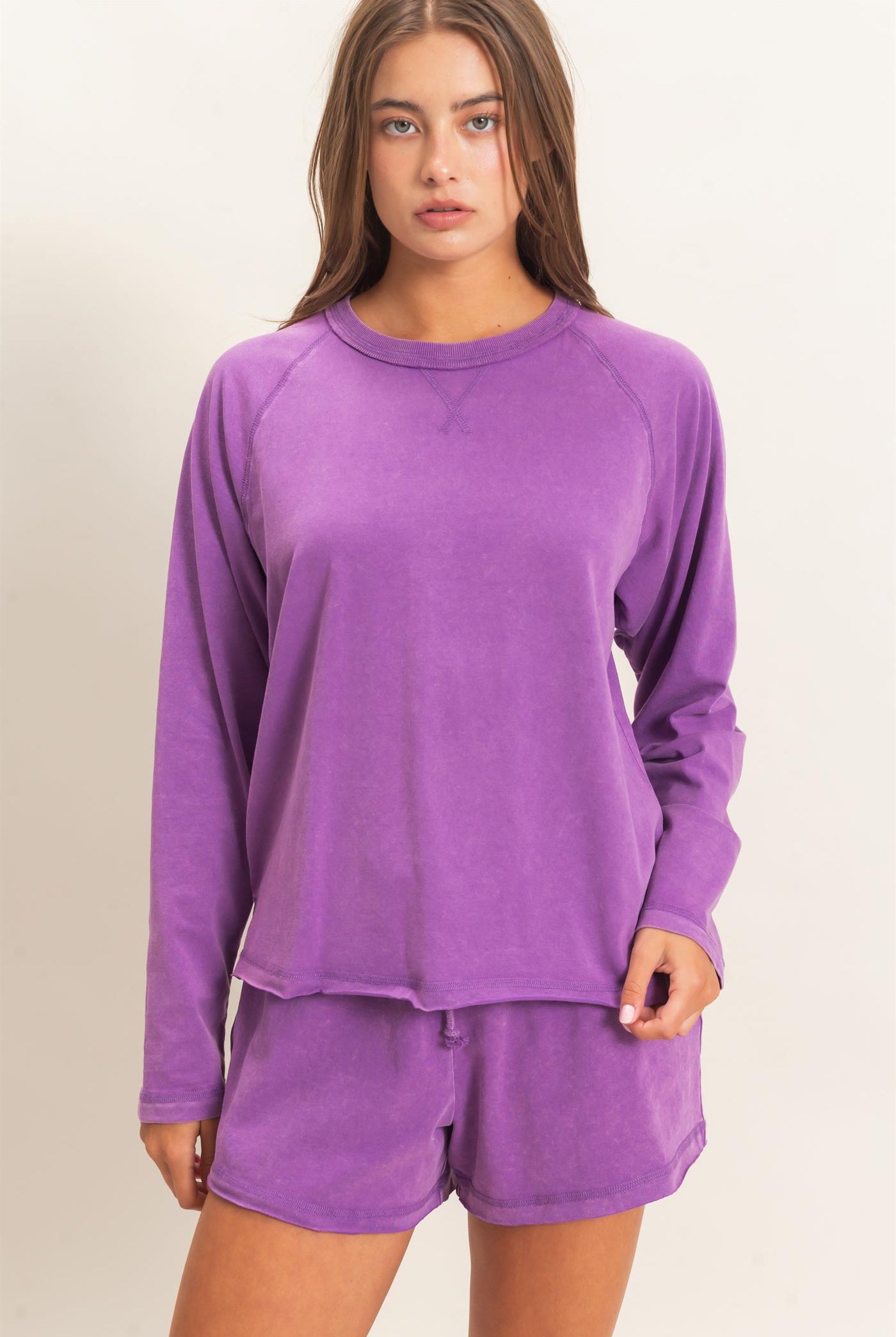 Wholesale Mineral Wash Long Sleeve Raw Edge Top & Shorts Set Clothing DZ26F403-SET PLUM DOUBLE ZERO
