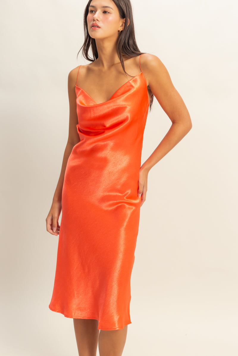 Wholesale Cowl Neck Satin Midi Dress Dresses DZ22A734 NEON RED DOUBLE ZERO