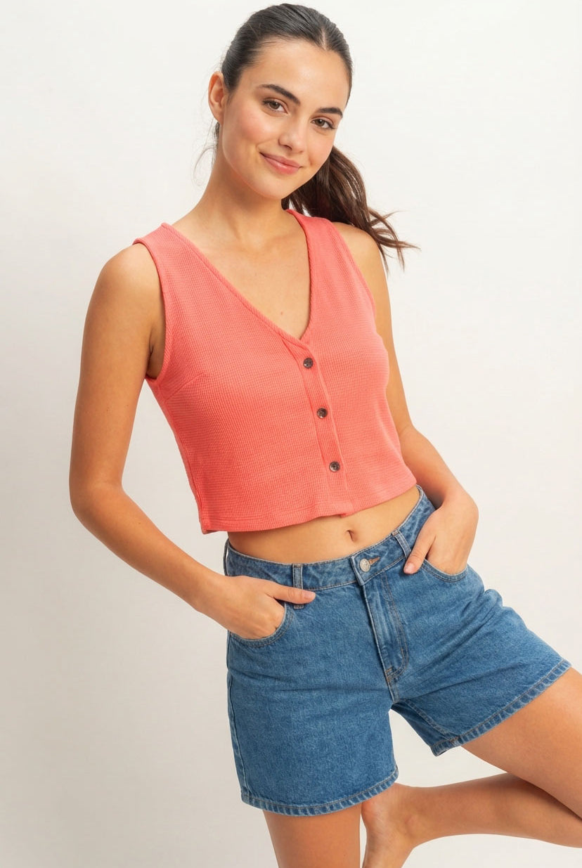 Wholesale Waffle Knit Button Down Sleeveless Vest Vests DZ25C154 CORAL DOUBLE ZERO