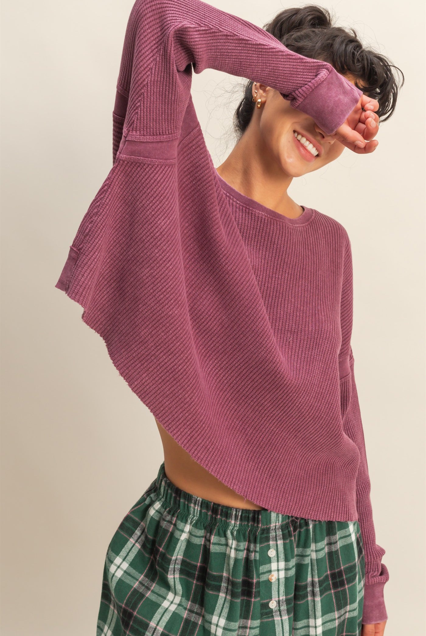 Wholesale Open Back Textured Knit Long Sleeve Top Clothing Tops DZ26A626 DARK CHERRY DOUBLE ZERO