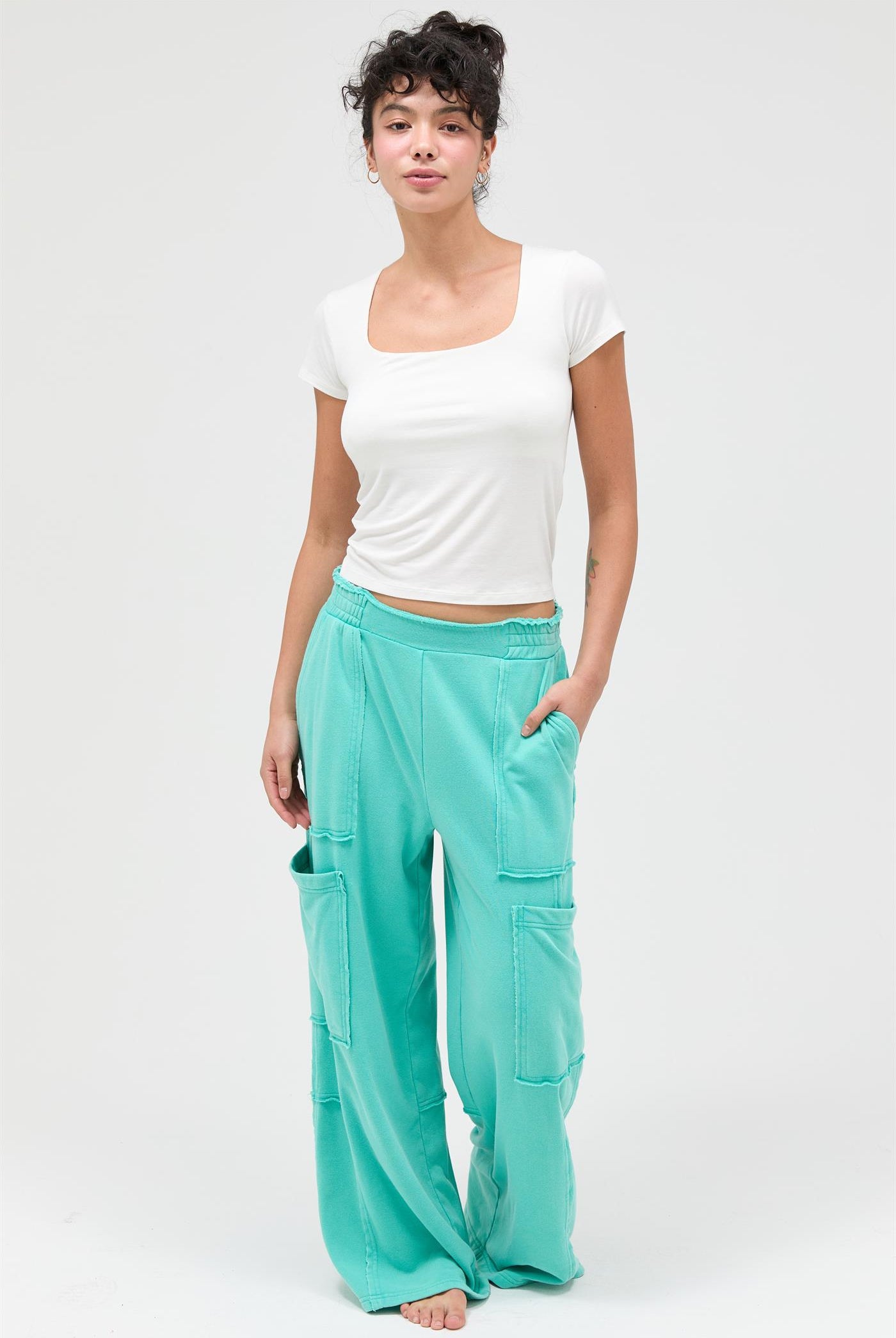 Wholesale Mineral Wash Wide Leg Cargo Pants Pants DZ26A256 TURQUOISE DOUBLE ZERO