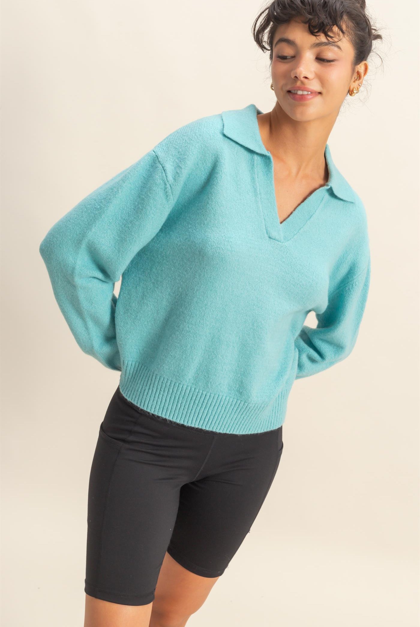Wholesale Collared V Neck Sweater Sweaters DZ25C947 SKY BLUE DOUBLE ZERO