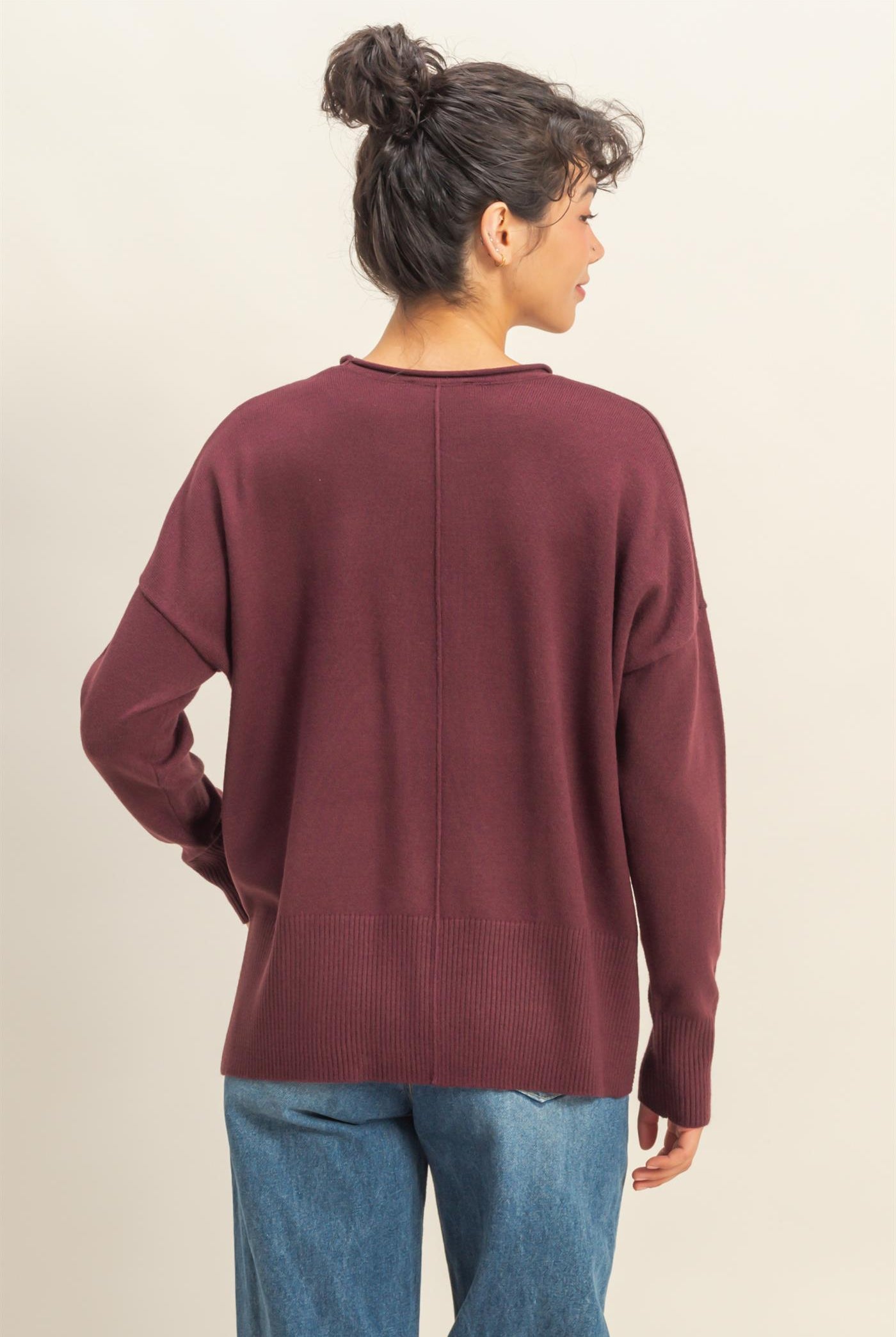 Wholesale Not A Player Roll Neck Drop Shoulder Sweater Sweaters DZ25C938 DARK CHERRY DOUBLE ZERO