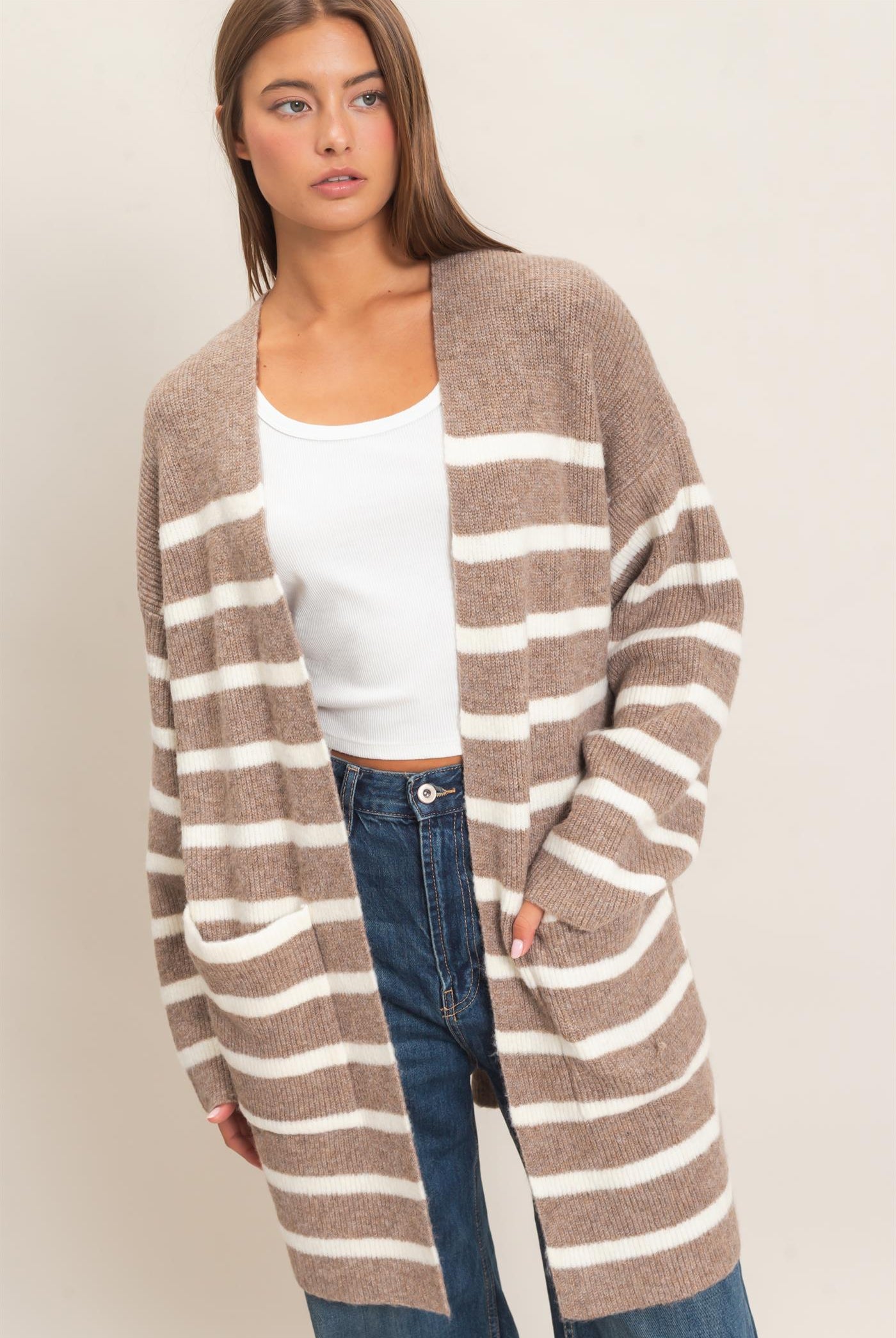 Wholesale Open Front Stripe Cardigan Cardigans DZ26C342 DARK TAUPE DOUBLE ZERO