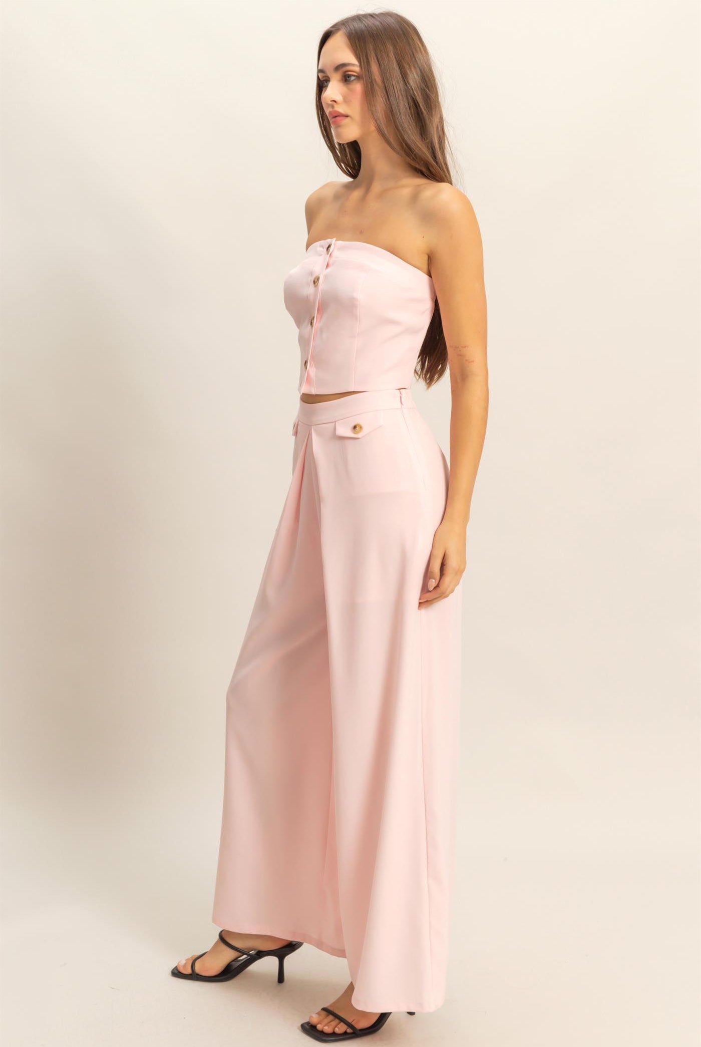 Wholesale Strapless Buttoned Top And Pants Set Clothing HF25E017-SET L.PINK HYFVE