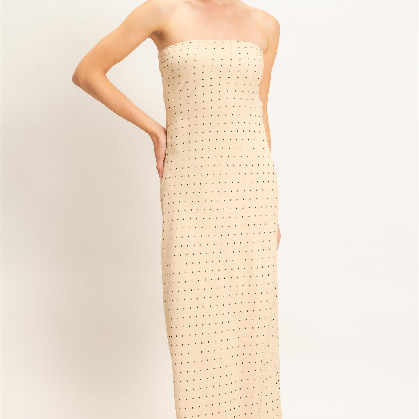 Wholesale Strapless Polka Dot Maxi Dress Dresses HF26E845 BEIGE HYFVE