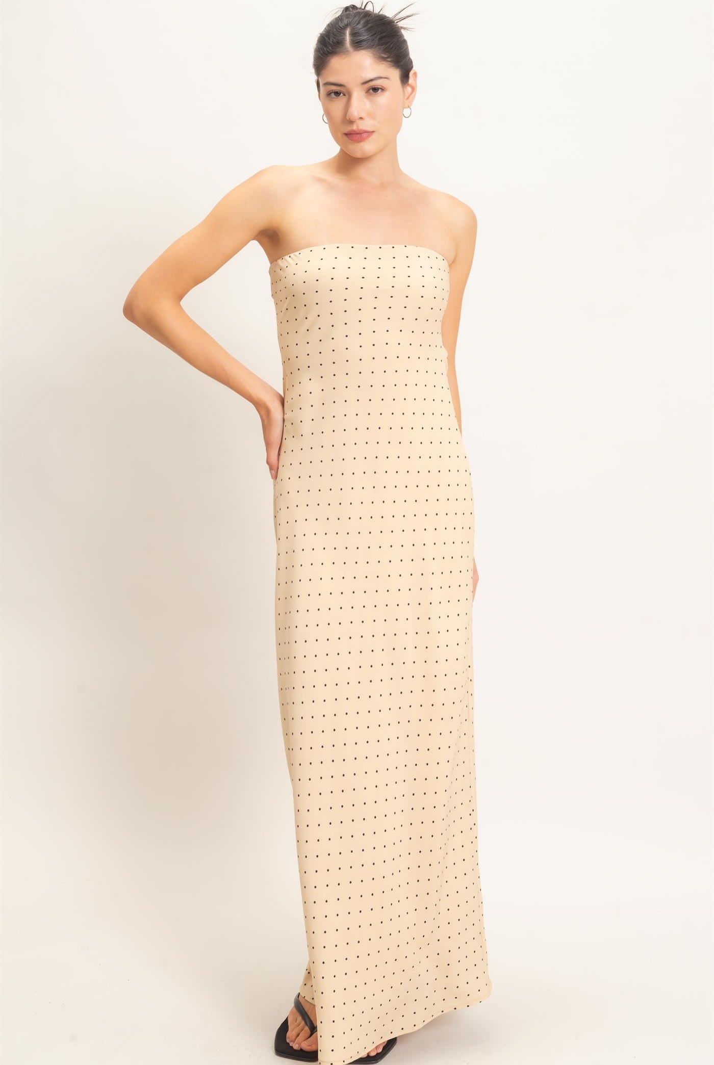 Wholesale Strapless Polka Dot Maxi Dress Dresses HF26E845 BEIGE HYFVE