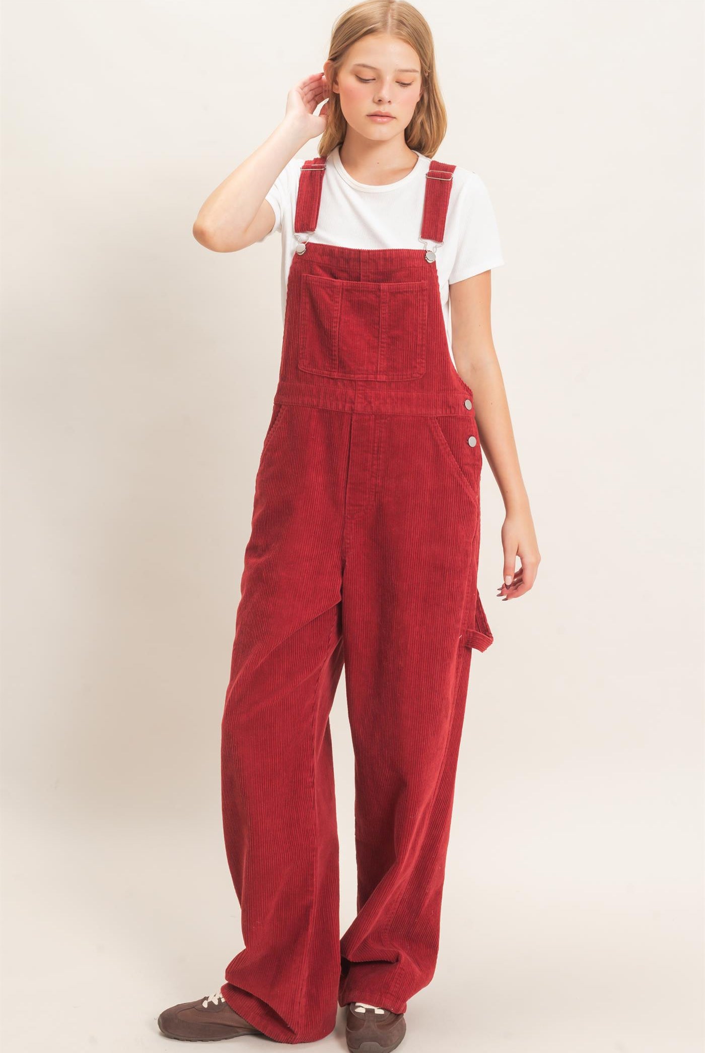 Wholesale Mineral Wash Corduroy Overalls Clothing HF26F210-D BURGUNDY HYFVE