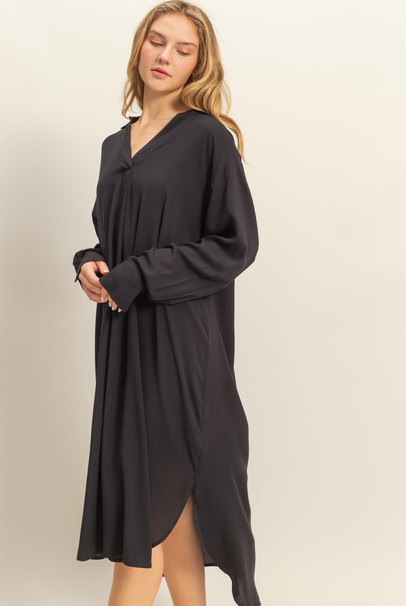 Wholesale V-Neck Long Sleeved Midi Shirts Dress Dresses DZ24E706 BLACK DOUBLE ZERO