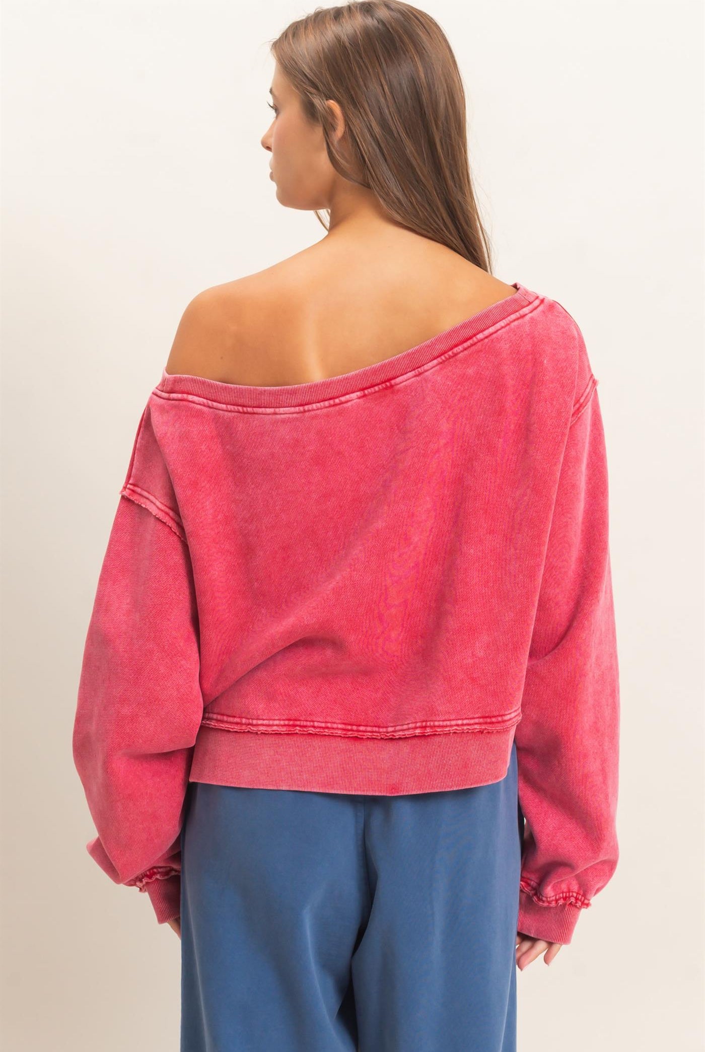 Wholesale Raw Edge Acid Wash Off The Shoulder Sweatshirt Sweatshirts DZ26F013 RED DOUBLE ZERO