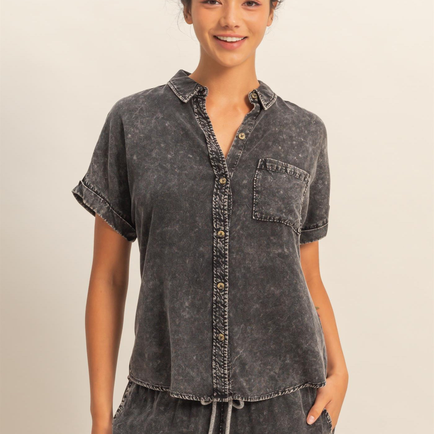 Wholesale Mineral Wash Button-Up Dolman Sleeve Shirt Shirts DZ26C132 BLACK DOUBLE ZERO