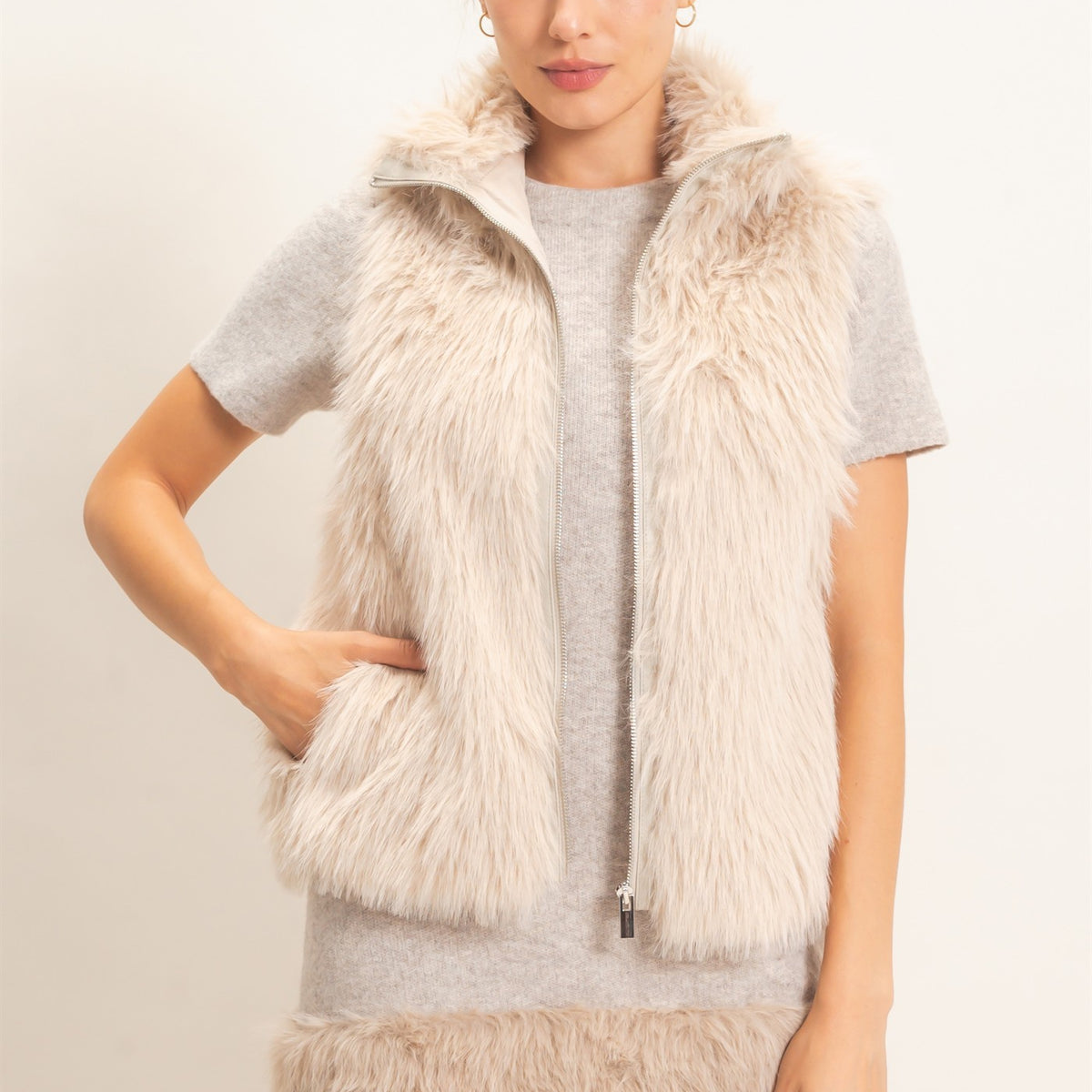 Wholesale Faux Fur Zip-Up Outerwear Vest Vests HF26E532 TAUPE HYFVE