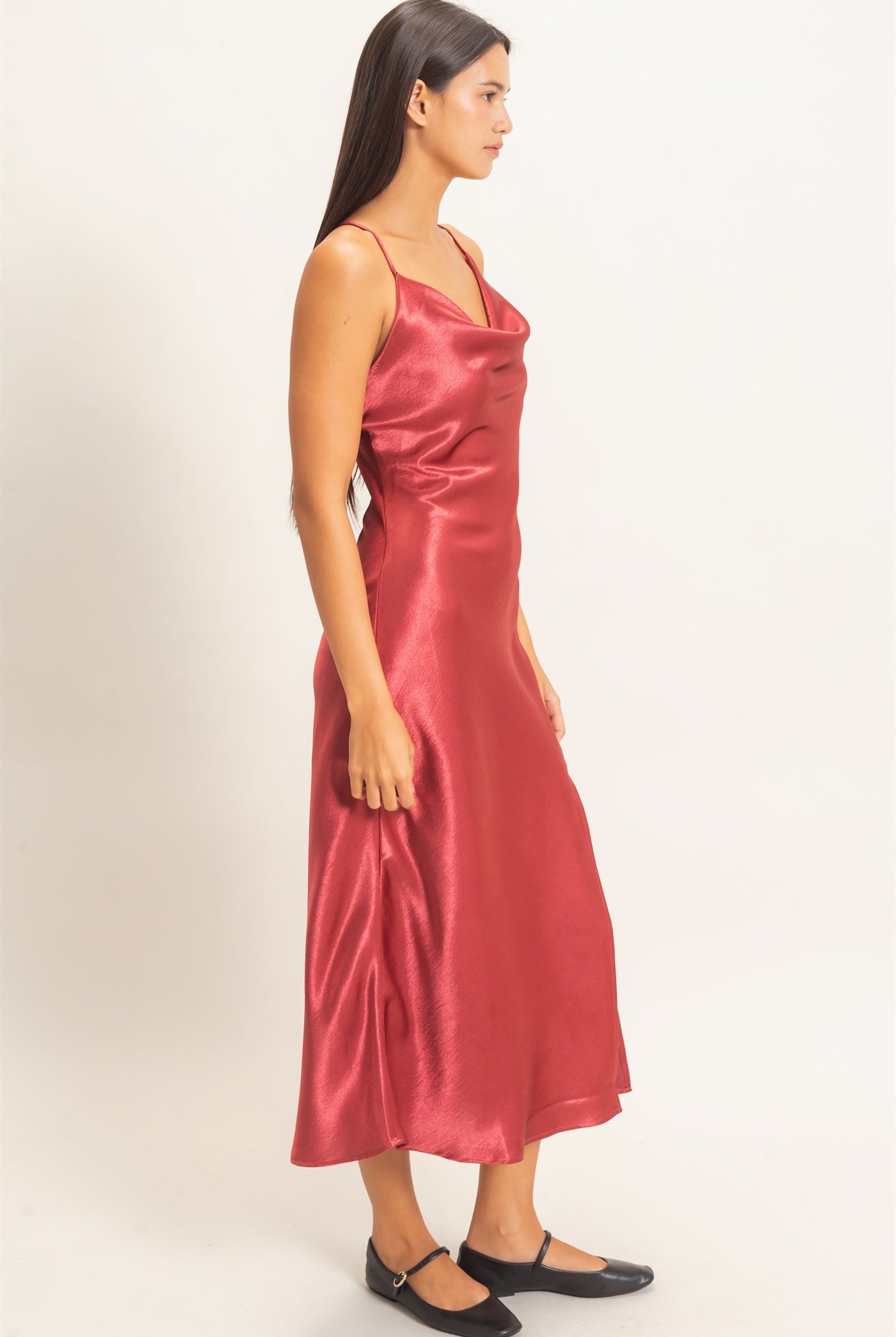 Wholesale Cowl Neck Satin Slip Dress Dresses DZ26E251 DARK RED DOUBLE ZERO