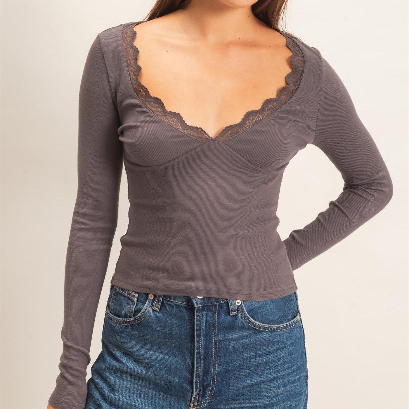 Wholesale Lace Trim V-Neck Top Clothing Tops DZ26E913 CHARCOAL DOUBLE ZERO