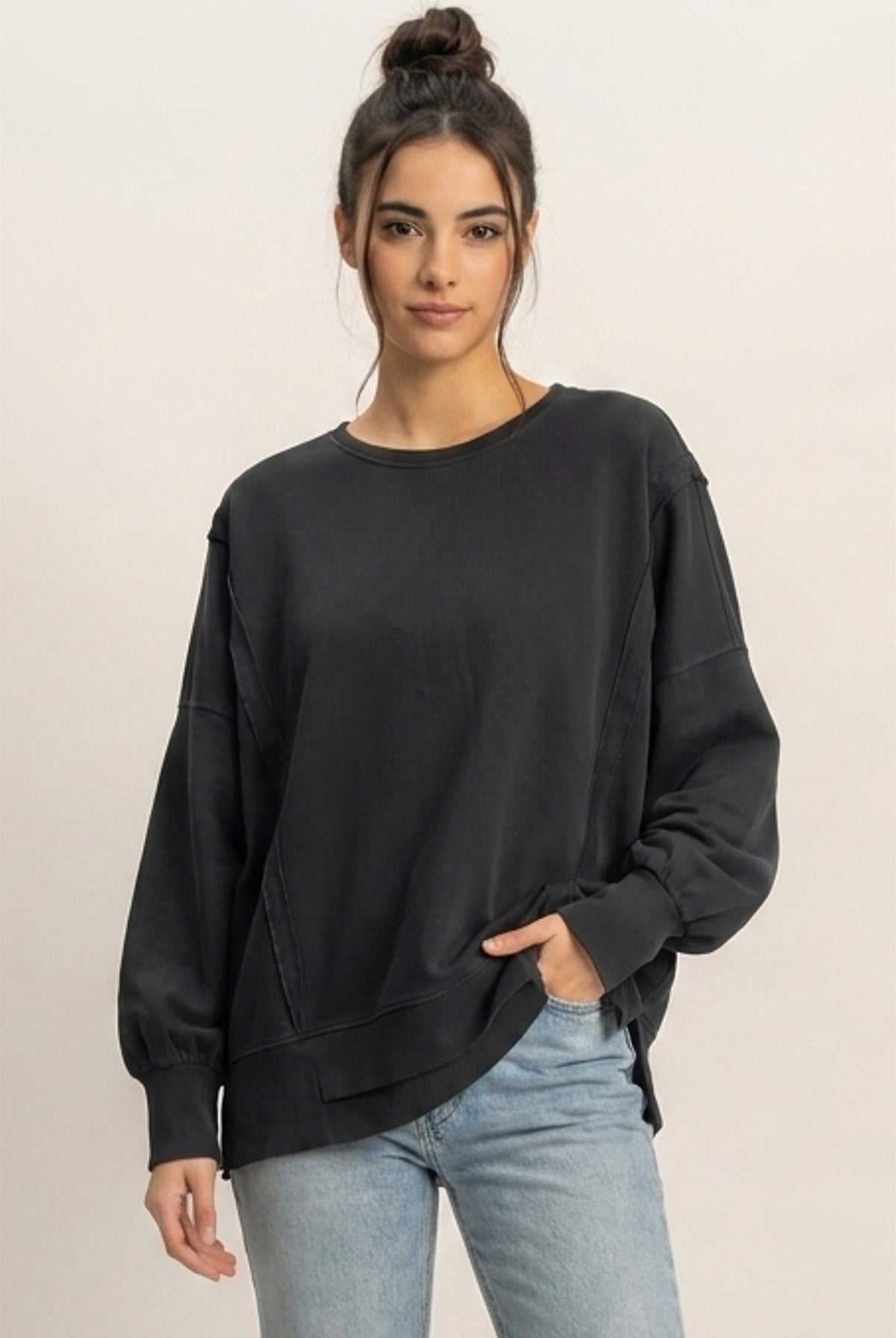 Wholesale Pigment Dye Oversized Raw Edge Sweatshirt Sweatshirts DZ26C737 BLACK DOUBLE ZERO