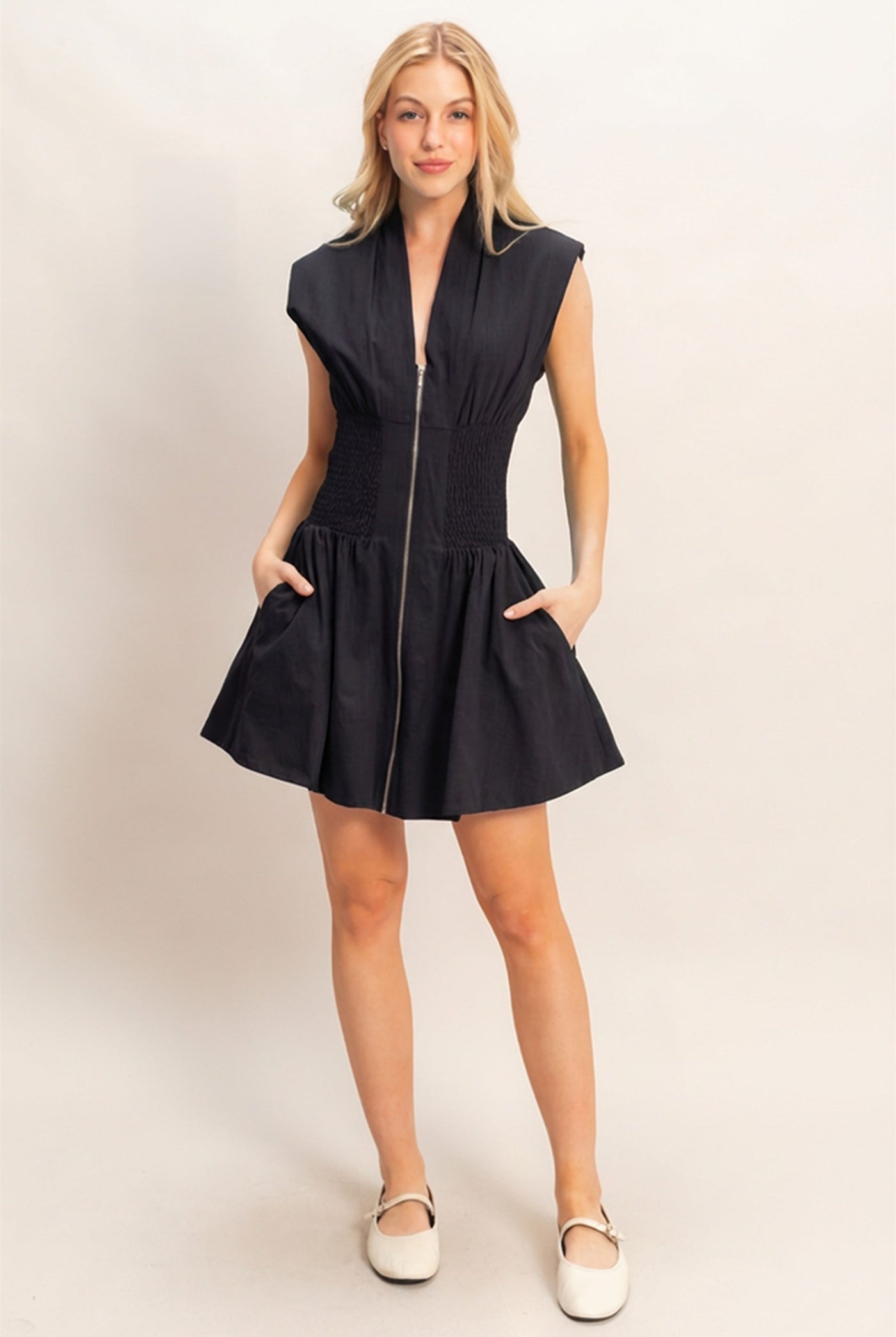 Wholesale Zip Front Shirred Waist Dress Dresses HF26A112 BLACK HYFVE