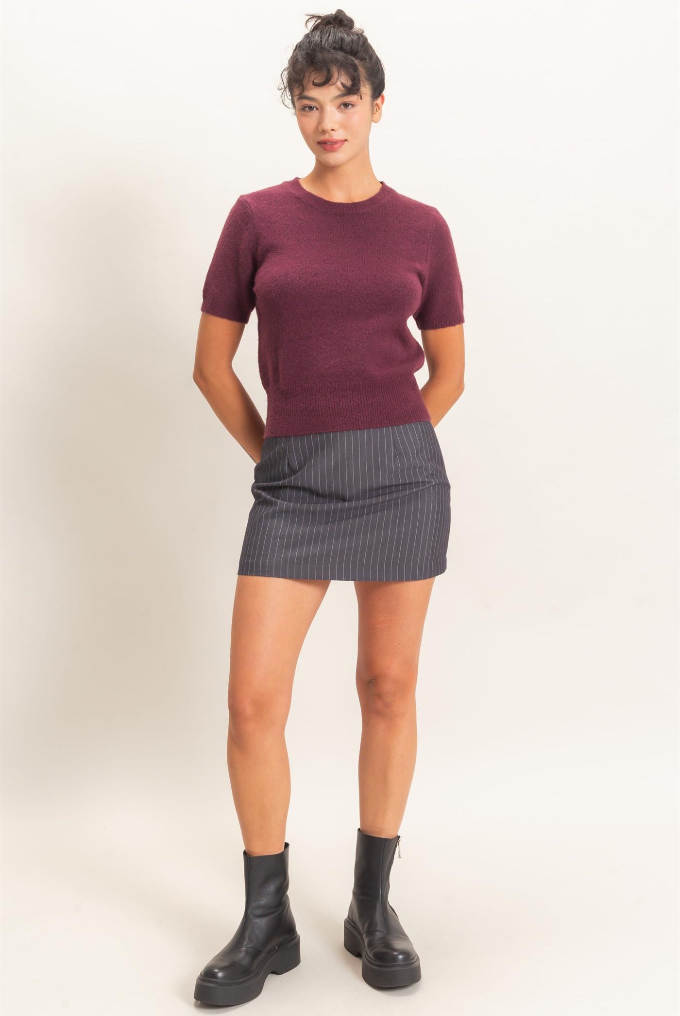 Wholesale Crew Neck Short Sleeve Knit Top Clothing Tops DZ26E944 DARK CHERRY DOUBLE ZERO