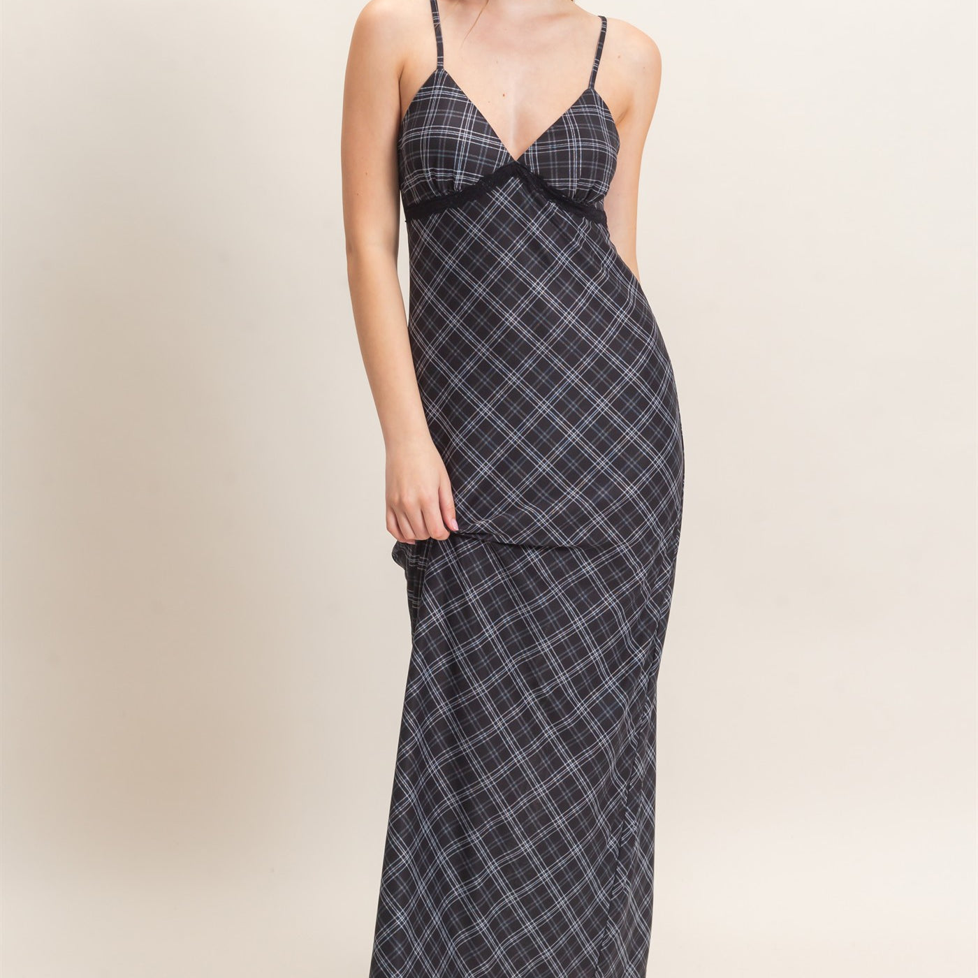 Wholesale Plaid Spaghetti Strap Midi Dress Dresses HF26E709 BLACK HYFVE