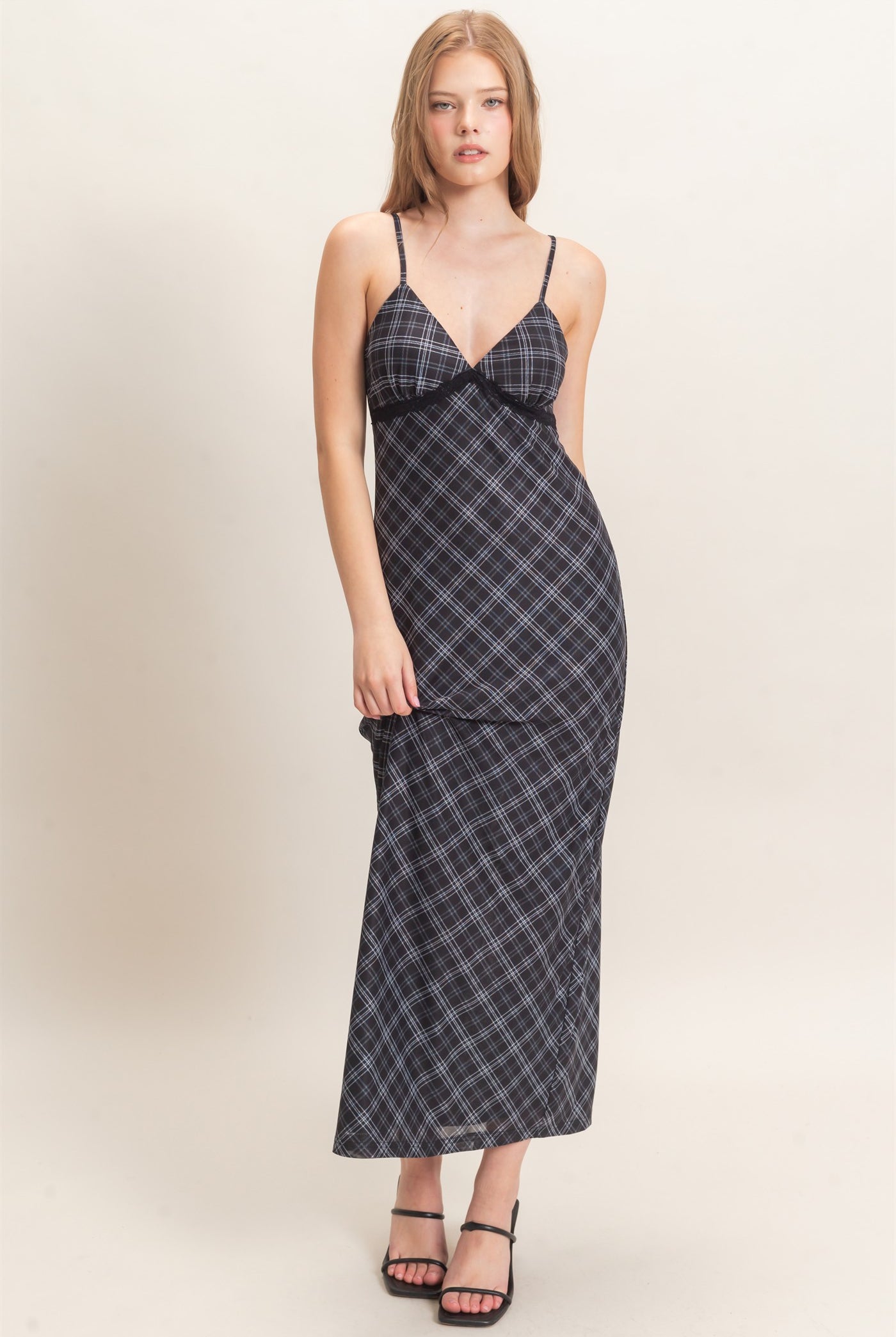 Wholesale Plaid Spaghetti Strap Midi Dress Dresses HF26E709 BLACK HYFVE