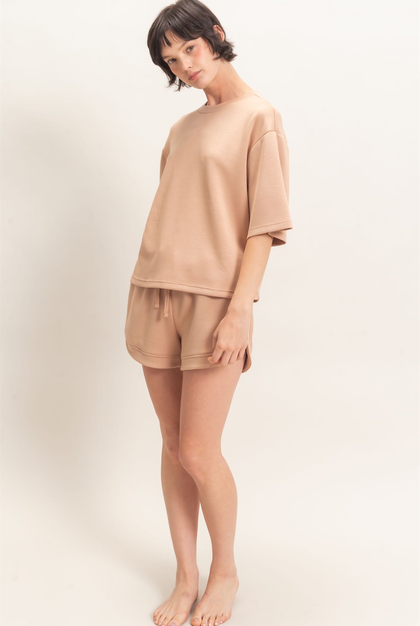 Wholesale Loose Fit Crew Neck Short Sleeve Top Clothing Tops DZ26C965 DARK TAUPE DOUBLE ZERO