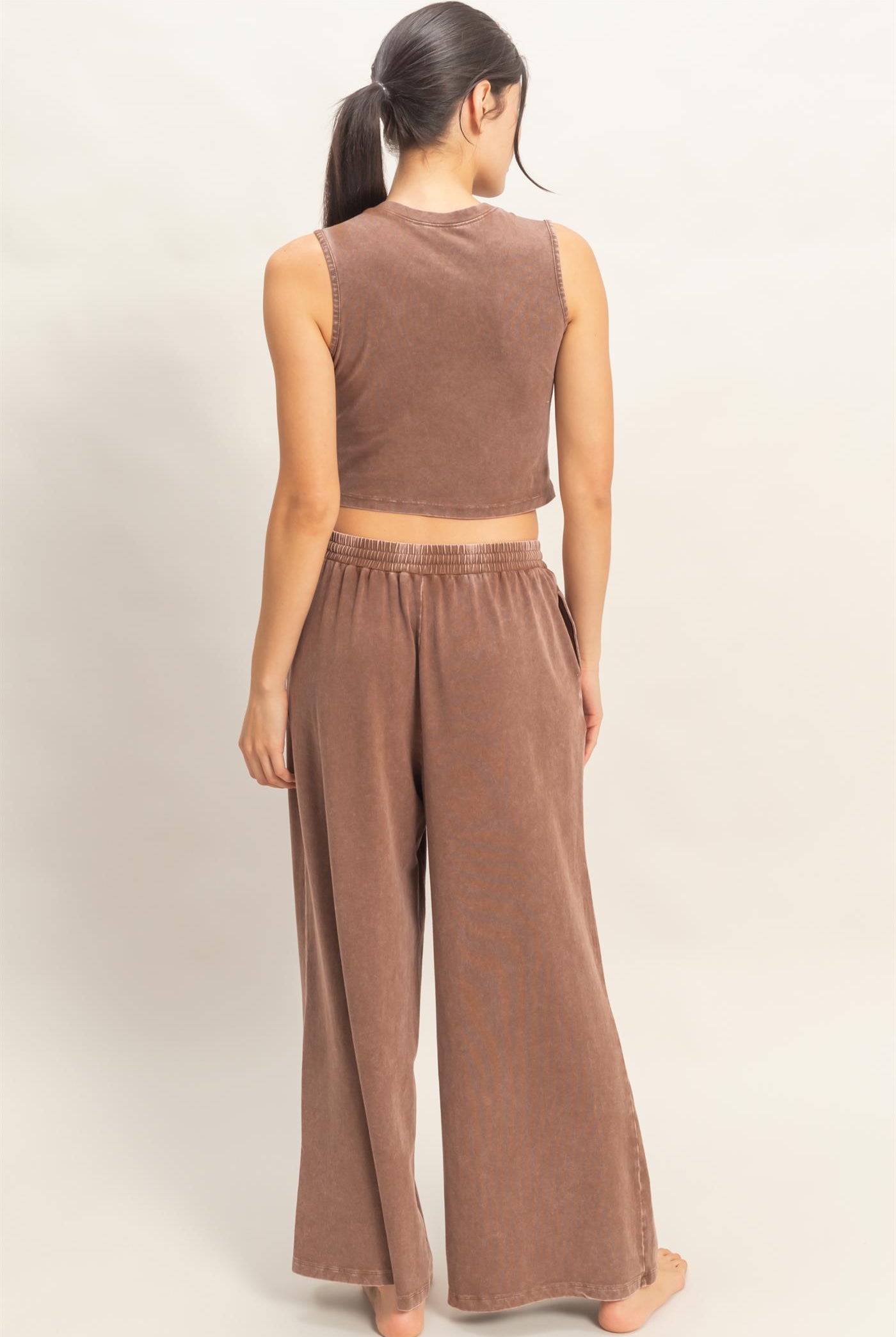 Wholesale Mineral Washed Sleeveless Top & Wide Leg Pants Set Clothing DZ26A371-SET CHOCOLATE DOUBLE ZERO