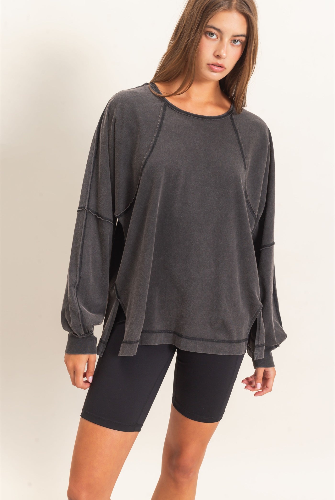 Wholesale Raglan Sleeve Snow Wash Top Shirts DZ26E945 BLACK DOUBLE ZERO