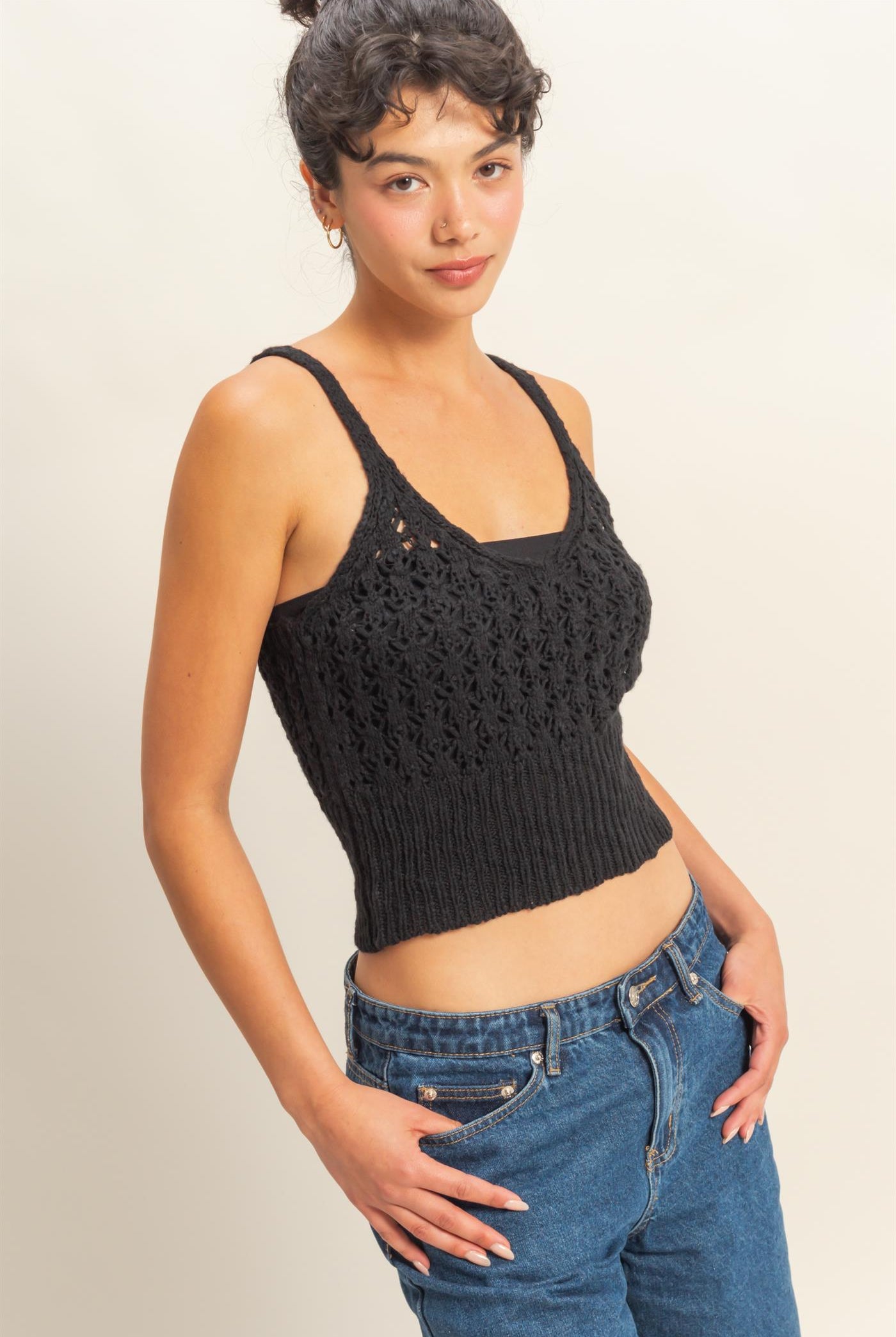 Wholesale Crochet Crop Top Clothing Tops DZ22C228 BLACK DOUBLE ZERO