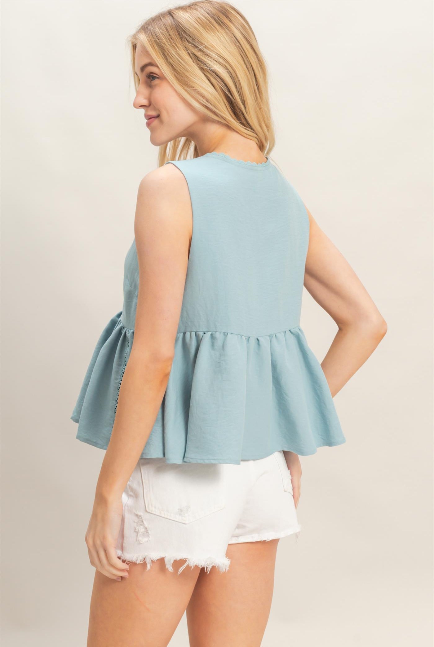 Wholesale Lace Trim Tie Front Top Clothing Tops HF26C100-D LIGHT BLUE HYFVE