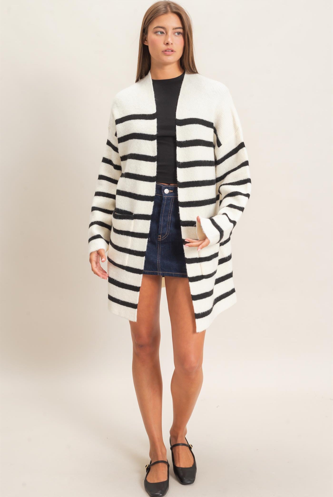 Wholesale Open Front Stripe Cardigan Cardigans DZ26C342 CREAM DOUBLE ZERO