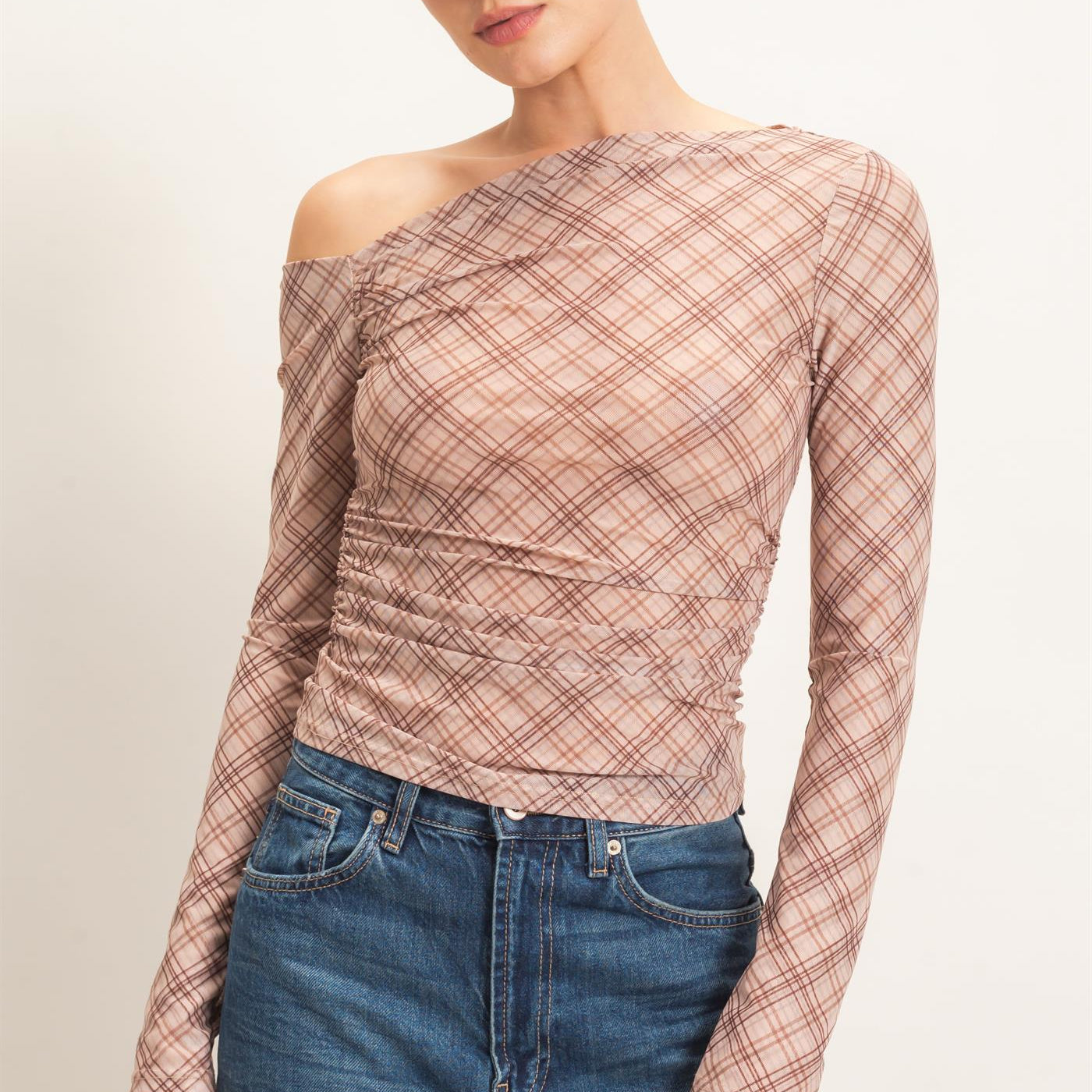 Wholesale Asymmetrical Plaid Off Shoulder Top Dresses HF26E710 BEIGE HYFVE