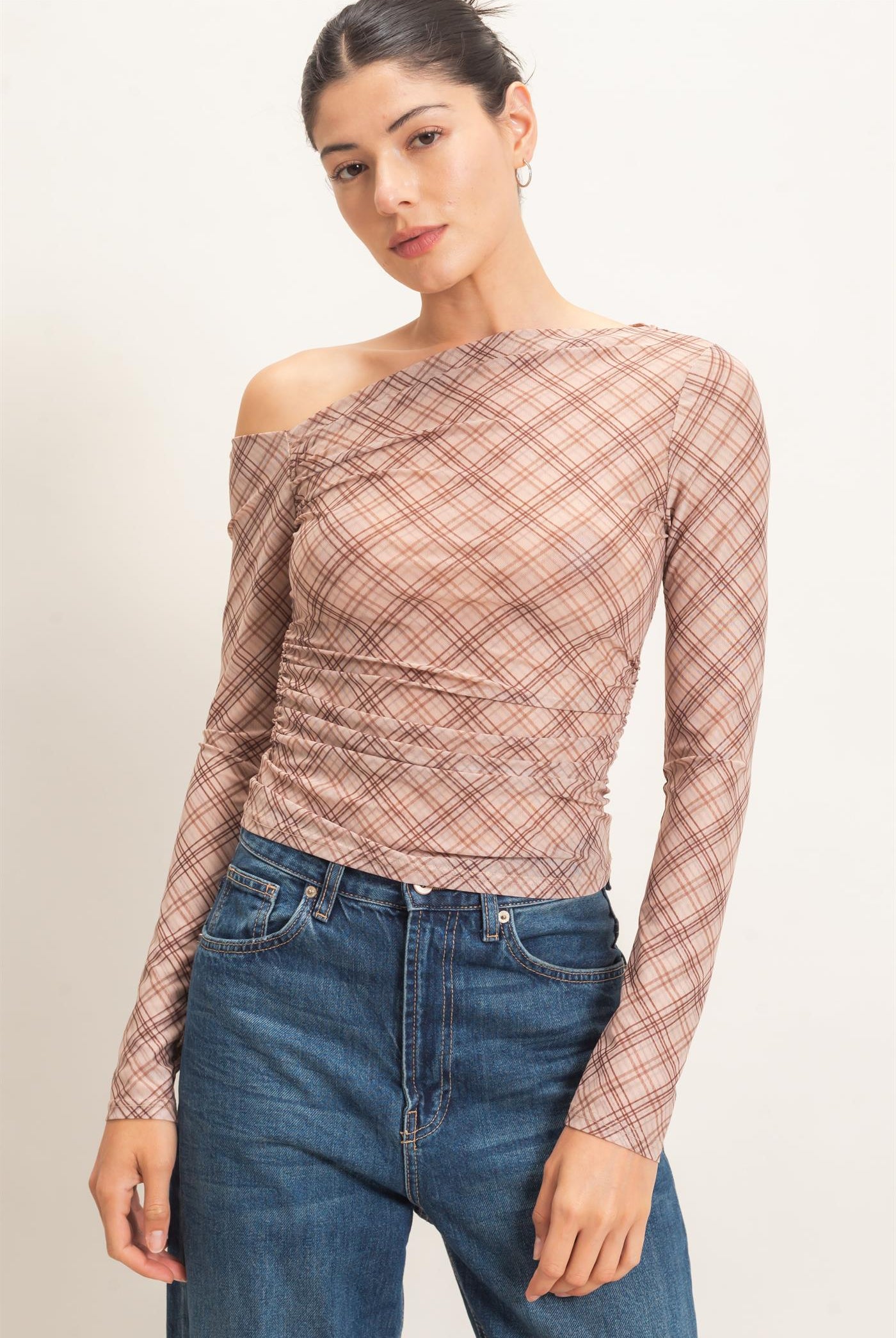 Wholesale Asymmetrical Plaid Off Shoulder Top Dresses HF26E710 BEIGE HYFVE