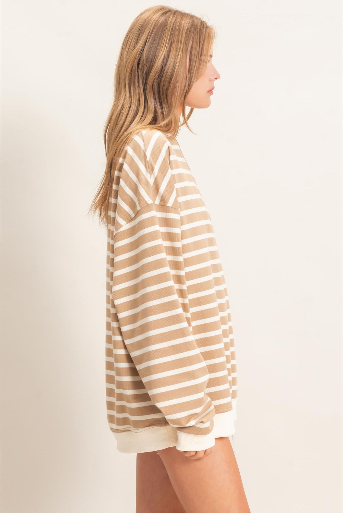 Wholesale Striped Long Sleeve Pullover Sweatshirts HF26F077 TAUPE/CREAM HYFVE
