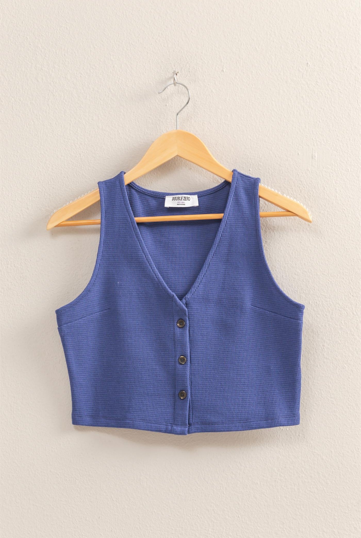 Wholesale Waffle Knit Button Down Sleeveless Vest Vests DZ25C154 DUSTY INDIGO DOUBLE ZERO