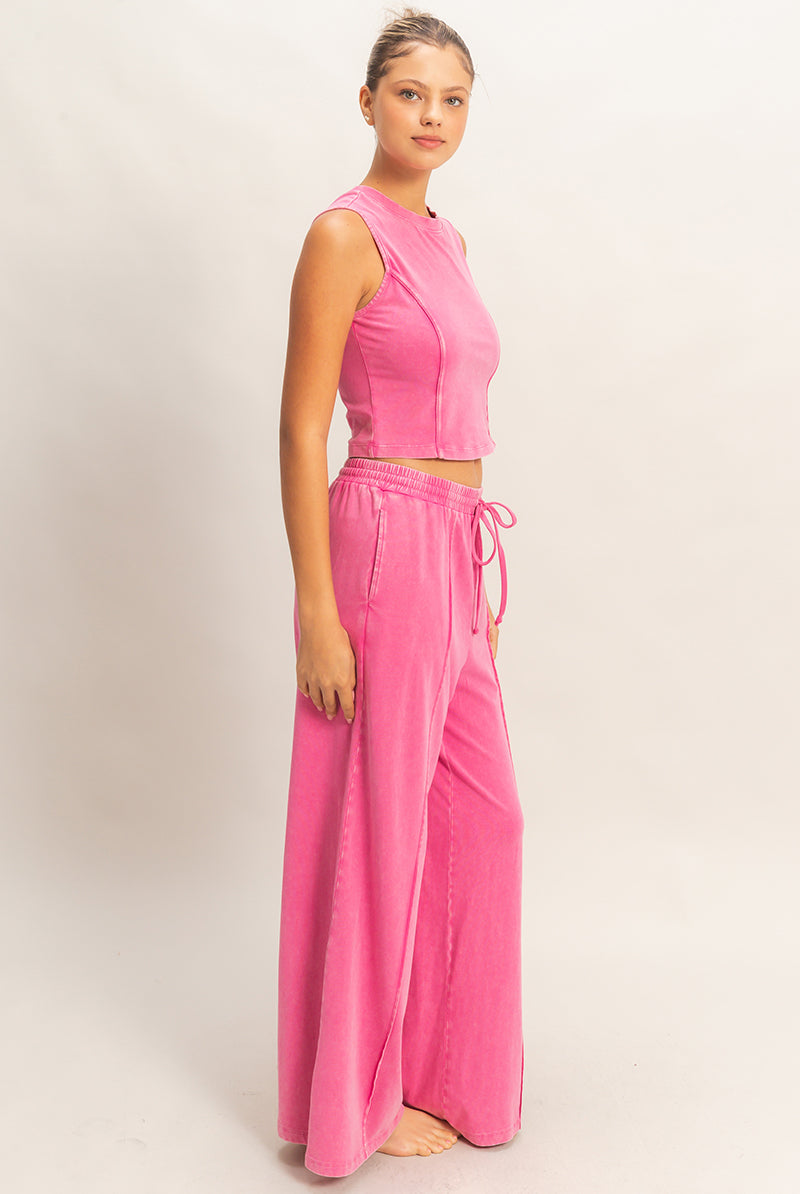 Wholesale Mineral Washed Sleeveless Top & Wide Leg Pants Set Clothing DZ26A371-SET FUCHSIA DOUBLE ZERO