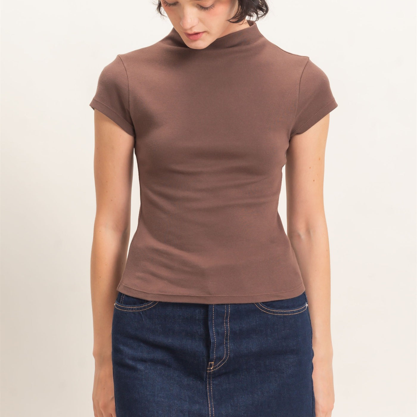 Wholesale Mock Neck Cap Sleeve Top Clothing Tops DZ26E323 DARK BROWN DOUBLE ZERO