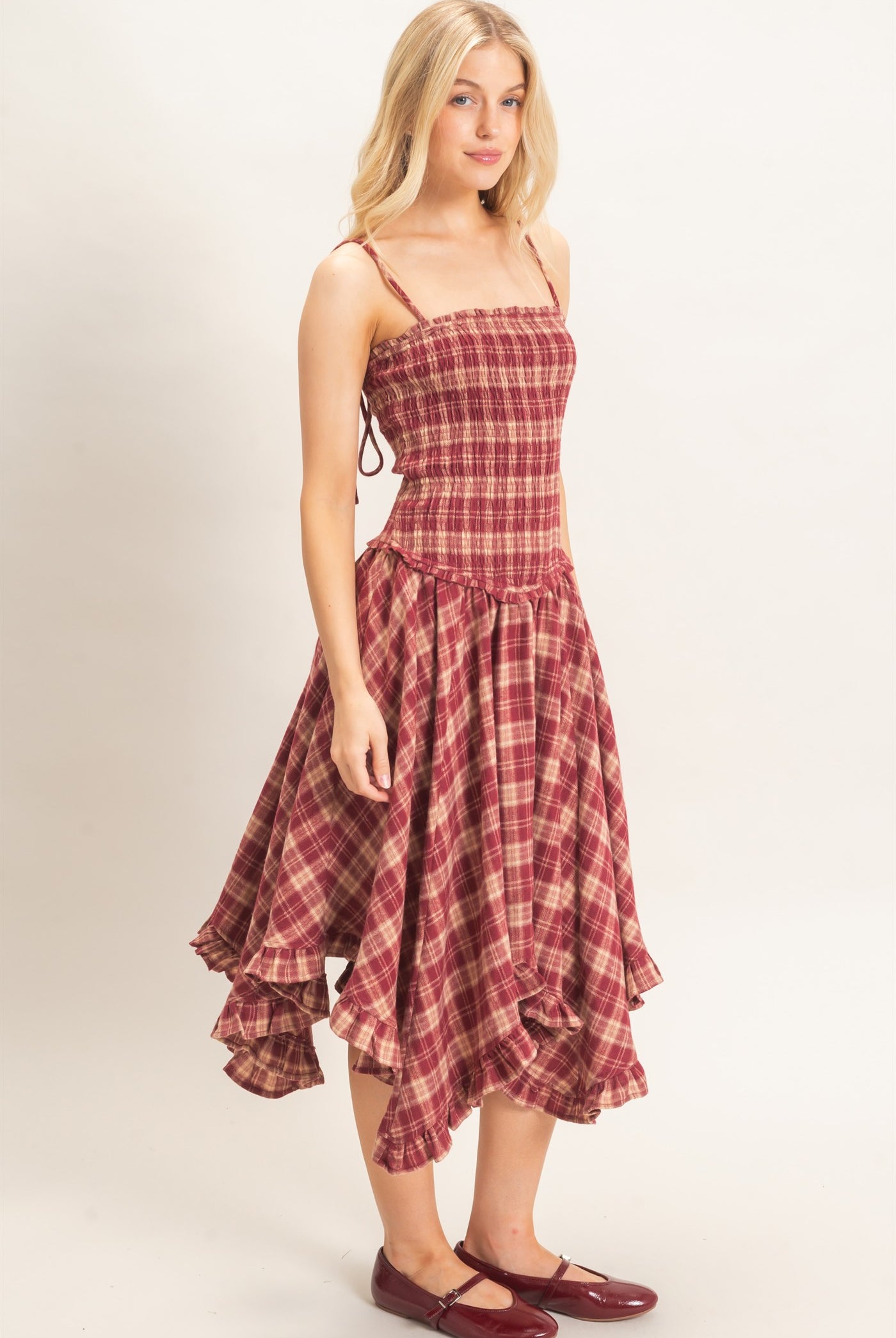 Wholesale Plaid Smocked Spaghetti Strap Dress Dresses HF26F211 BURGUNDY HYFVE