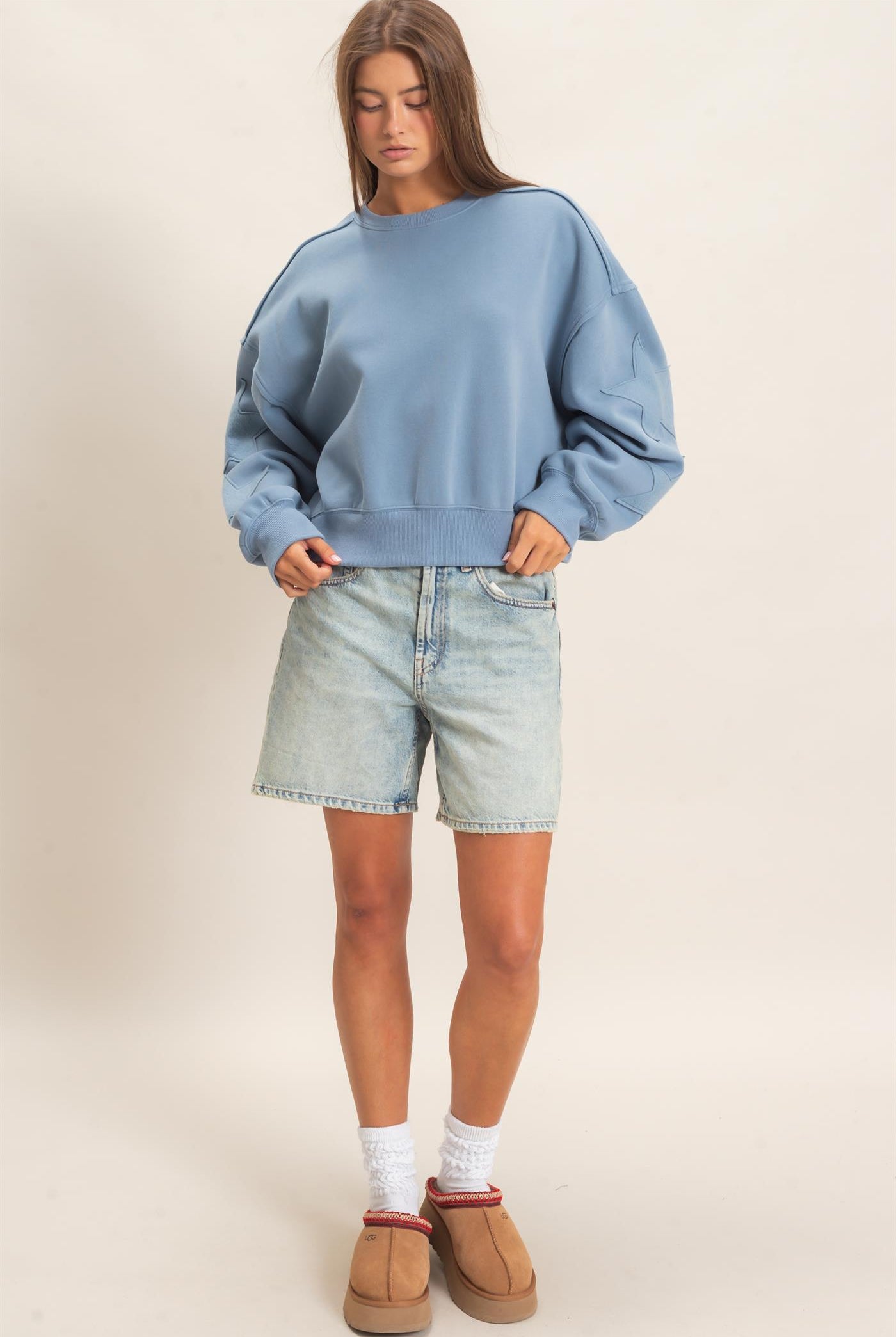 Wholesale Star Patch Sleeve Sweatshirt Sweatshirts DZ26E888 DUSTY BLUE DOUBLE ZERO