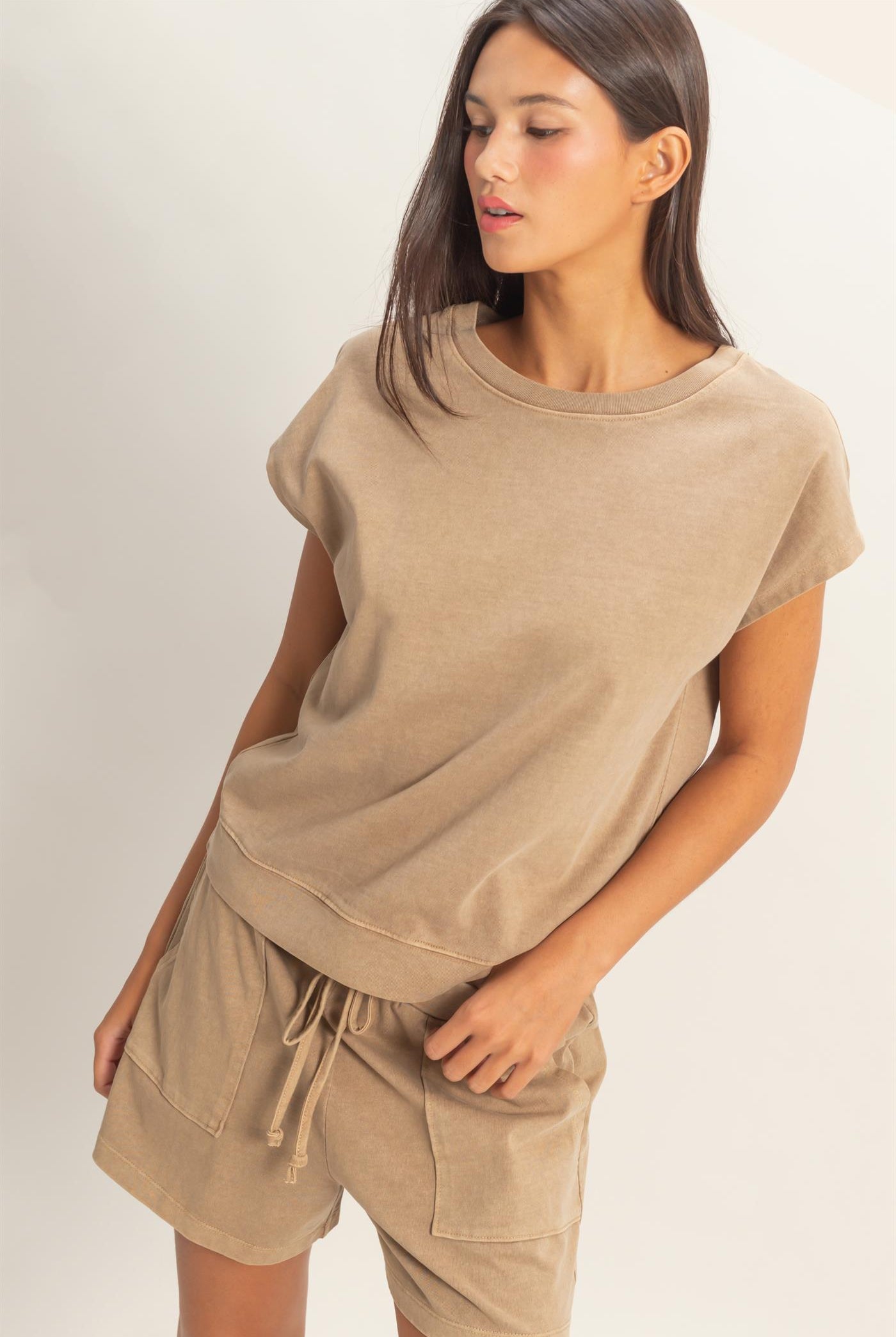 Wholesale Sleeveless Crew Neck Top and Shorts Set Clothing DZ26A028-SET MOCHA DOUBLE ZERO