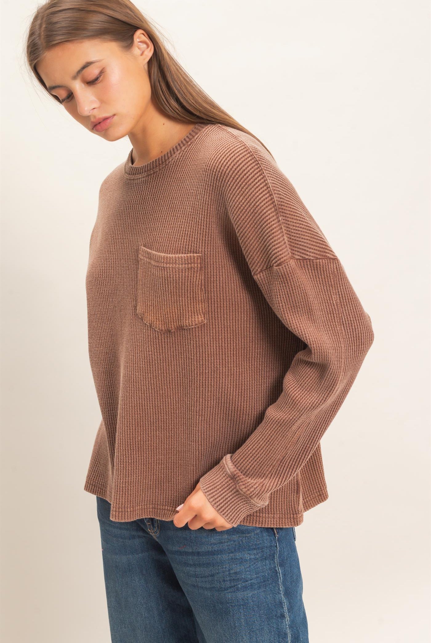 Wholesale Mineral Wash Waffle Long Sleeve Top Clothing Tops DZ26F242 DARK BROWN DOUBLE ZERO