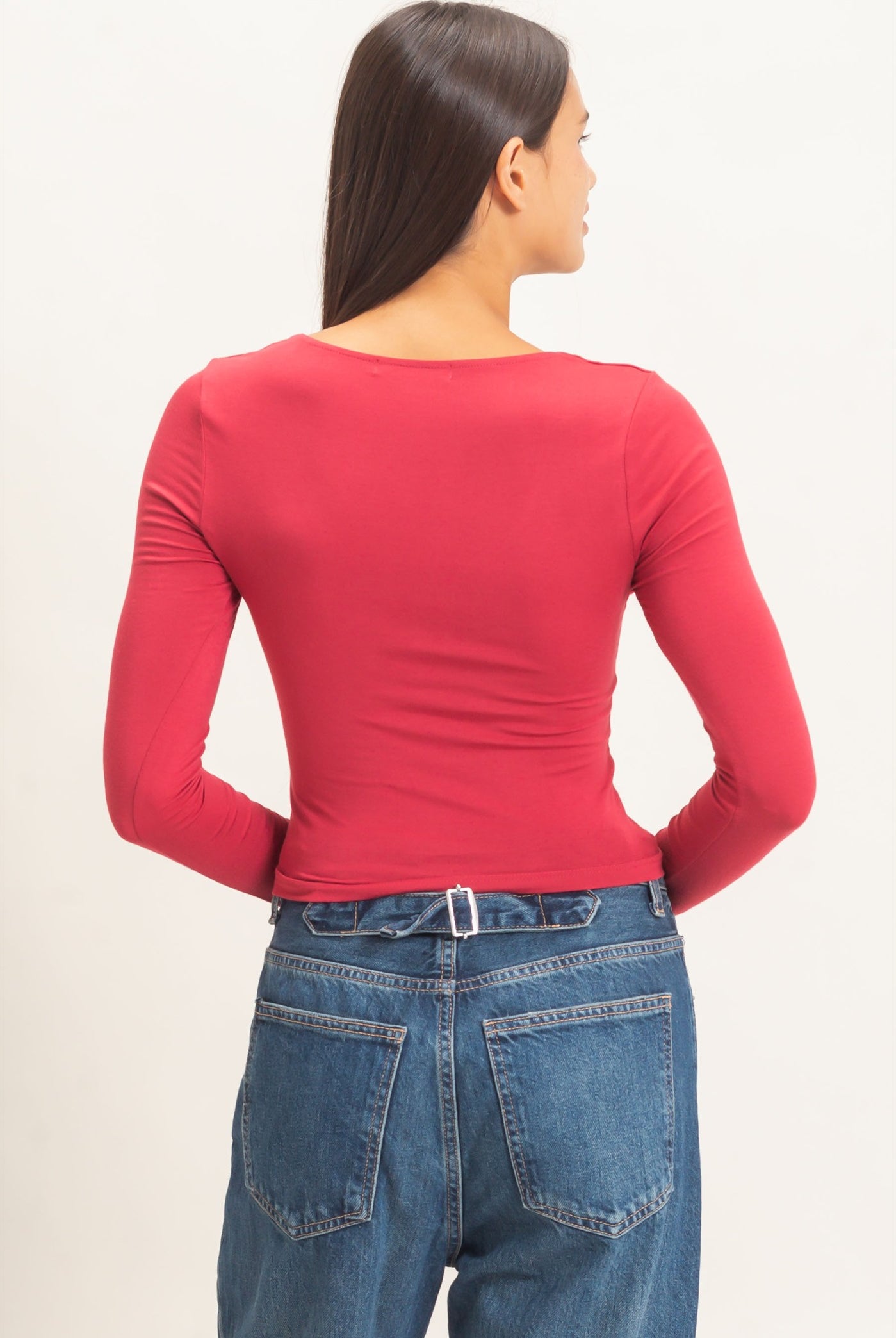 Wholesale Scoop Neck Long Sleeve Top Clothing Tops DZ26E250 DARK RED DOUBLE ZERO