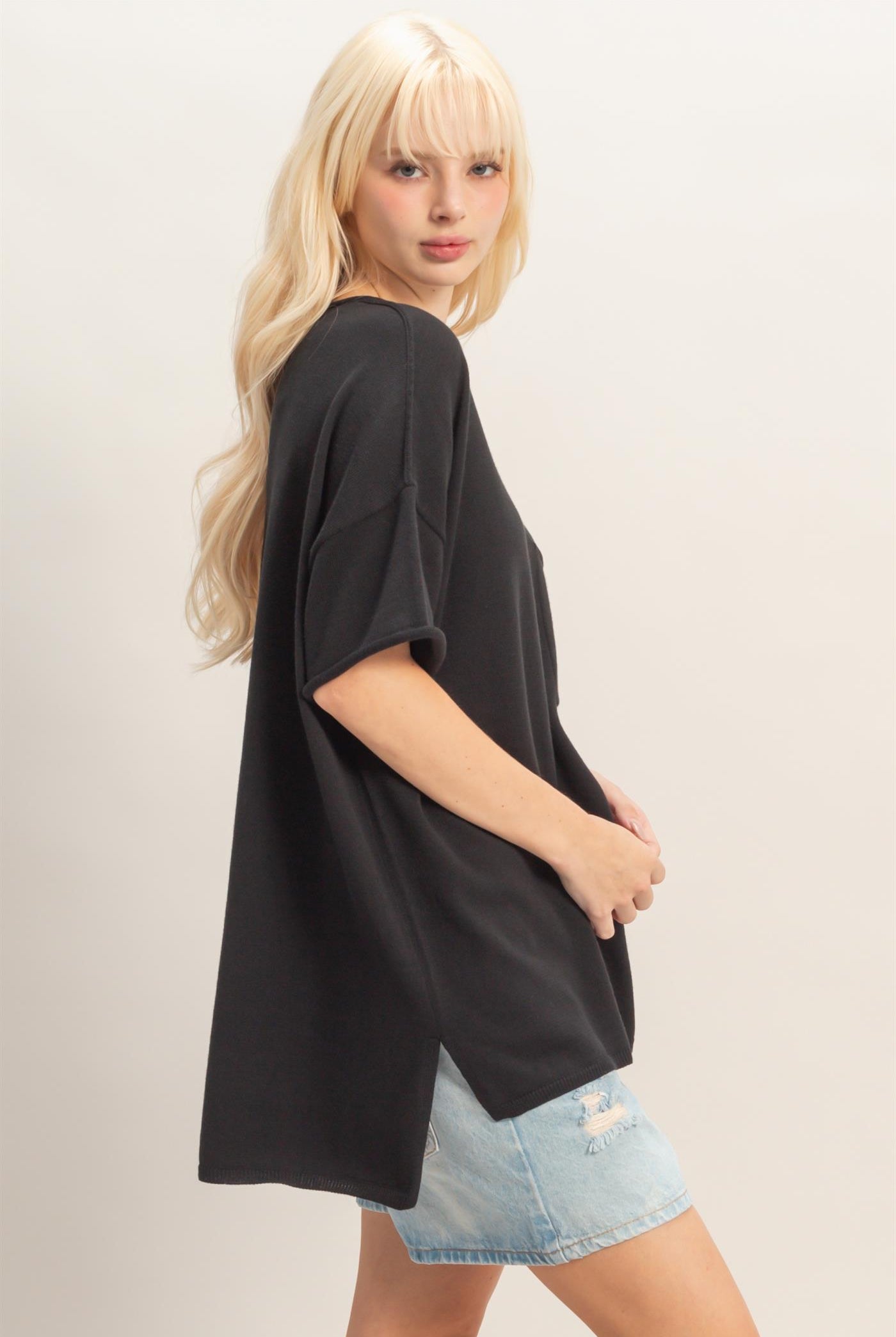 Wholesale Oversized Short Sleeve Round Neck Pocket Knit Top Clothing Tops DZ26A691 BLACK DOUBLE ZERO