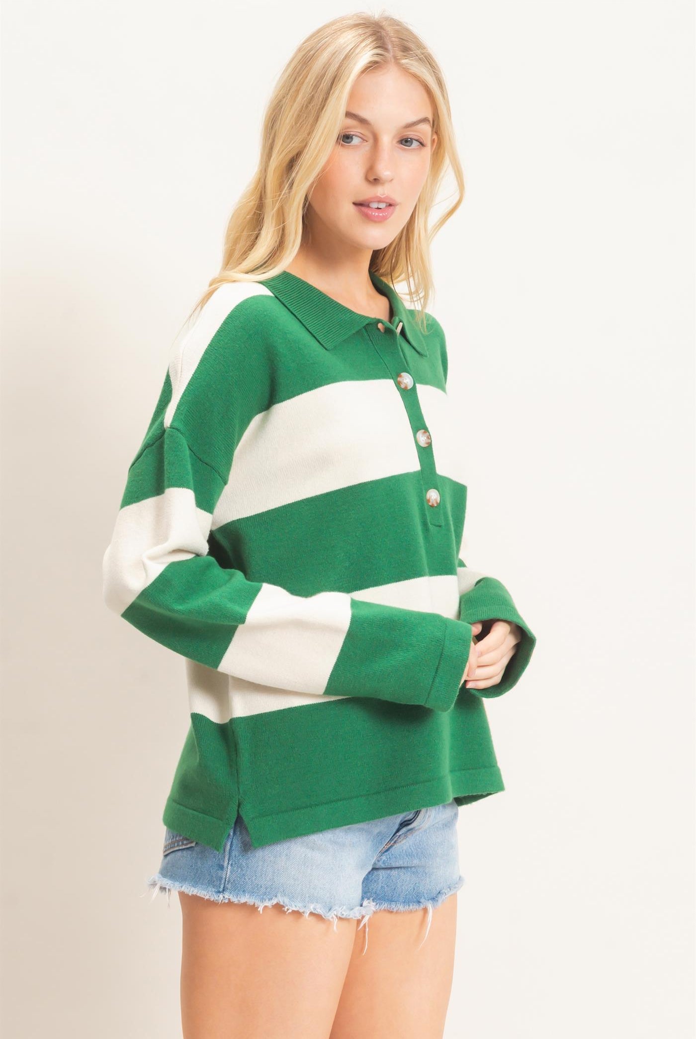 Wholesale Striped Button-Up Sweater Sweaters HF26F198 GREEN HYFVE