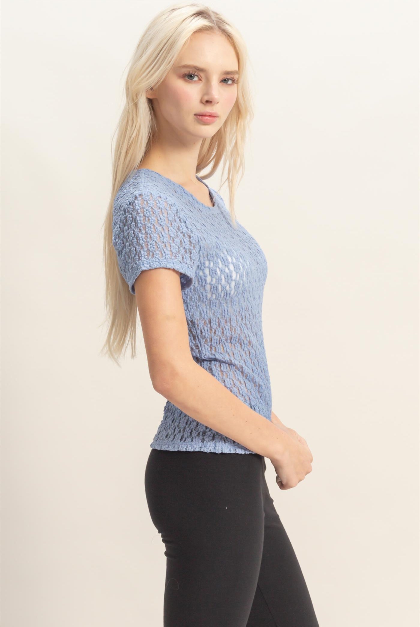 Wholesale Textured Lace Short Sleeve Top Clothing Tops DZ26C394 PALE INDIGO DOUBLE ZERO