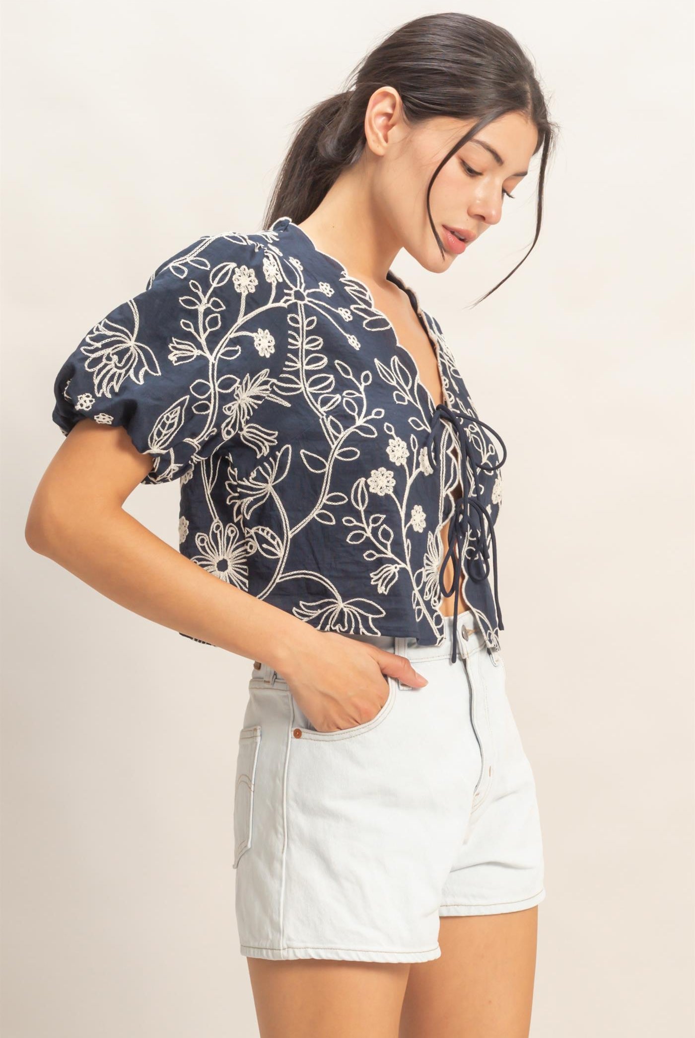 Wholesale Floral Embroidered Tie-Front Top Blouses HF26C556-D NAVY HYFVE