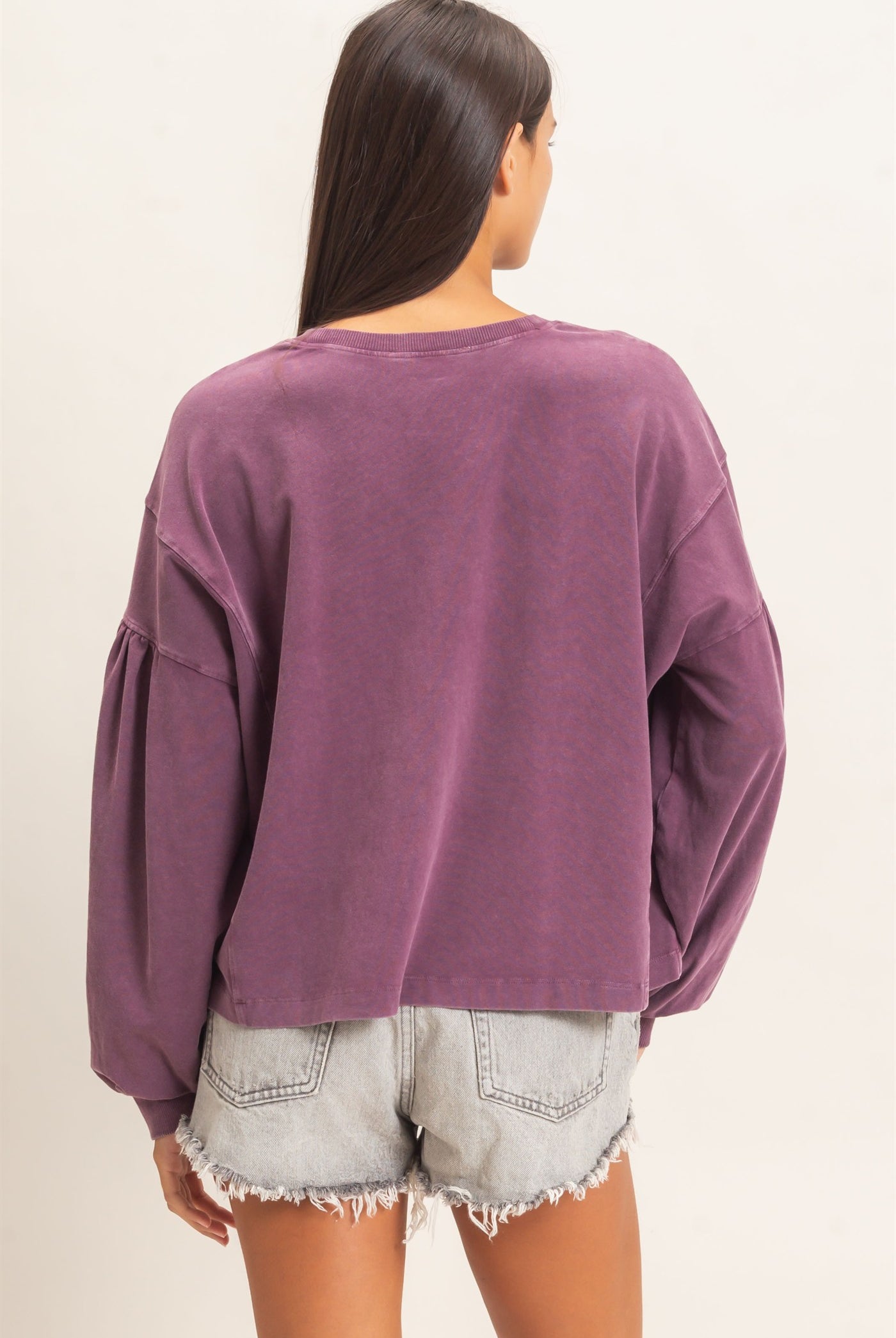 Wholesale Mineral Wash Puff Long Sleeve Boxy Top Clothing Tops DZ26F402 DARK CHERRY DOUBLE ZERO