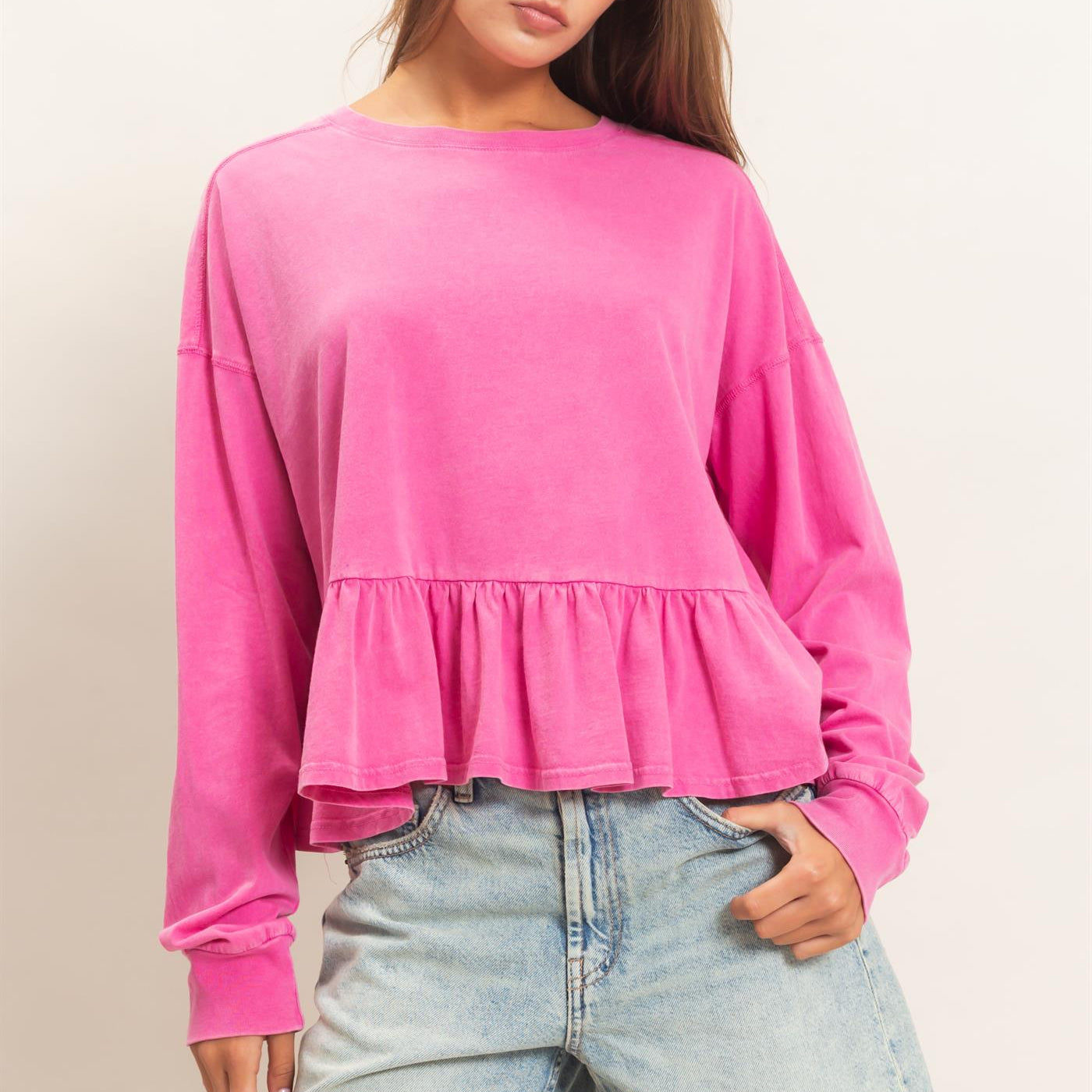 Wholesale Peplum Long Sleeve Top Clothing Tops DZ26F397 FUCHSIA DOUBLE ZERO