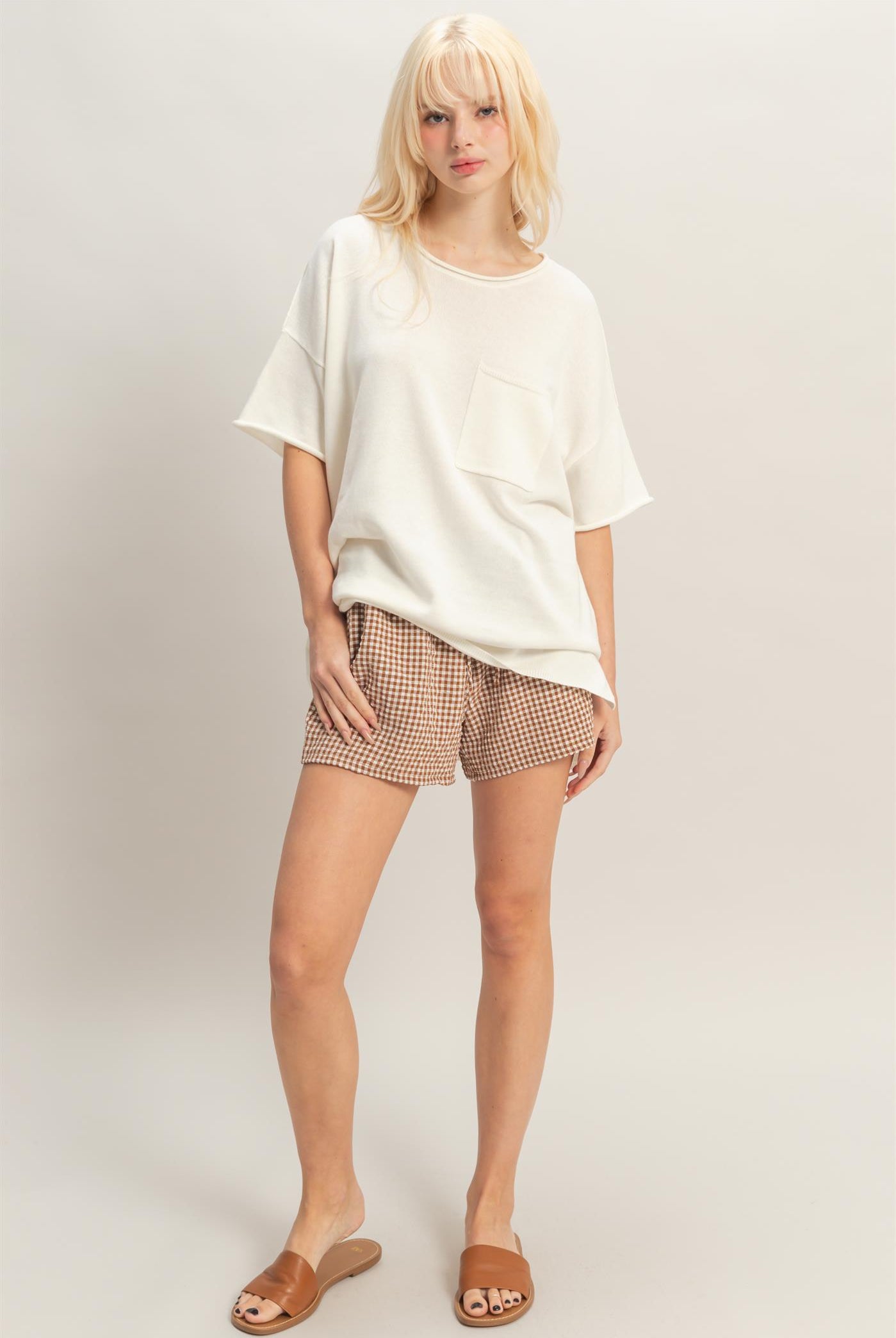 Wholesale Oversized Short Sleeve Round Neck Pocket Knit Top Clothing Tops DZ26A691 WHIP CREAM DOUBLE ZERO