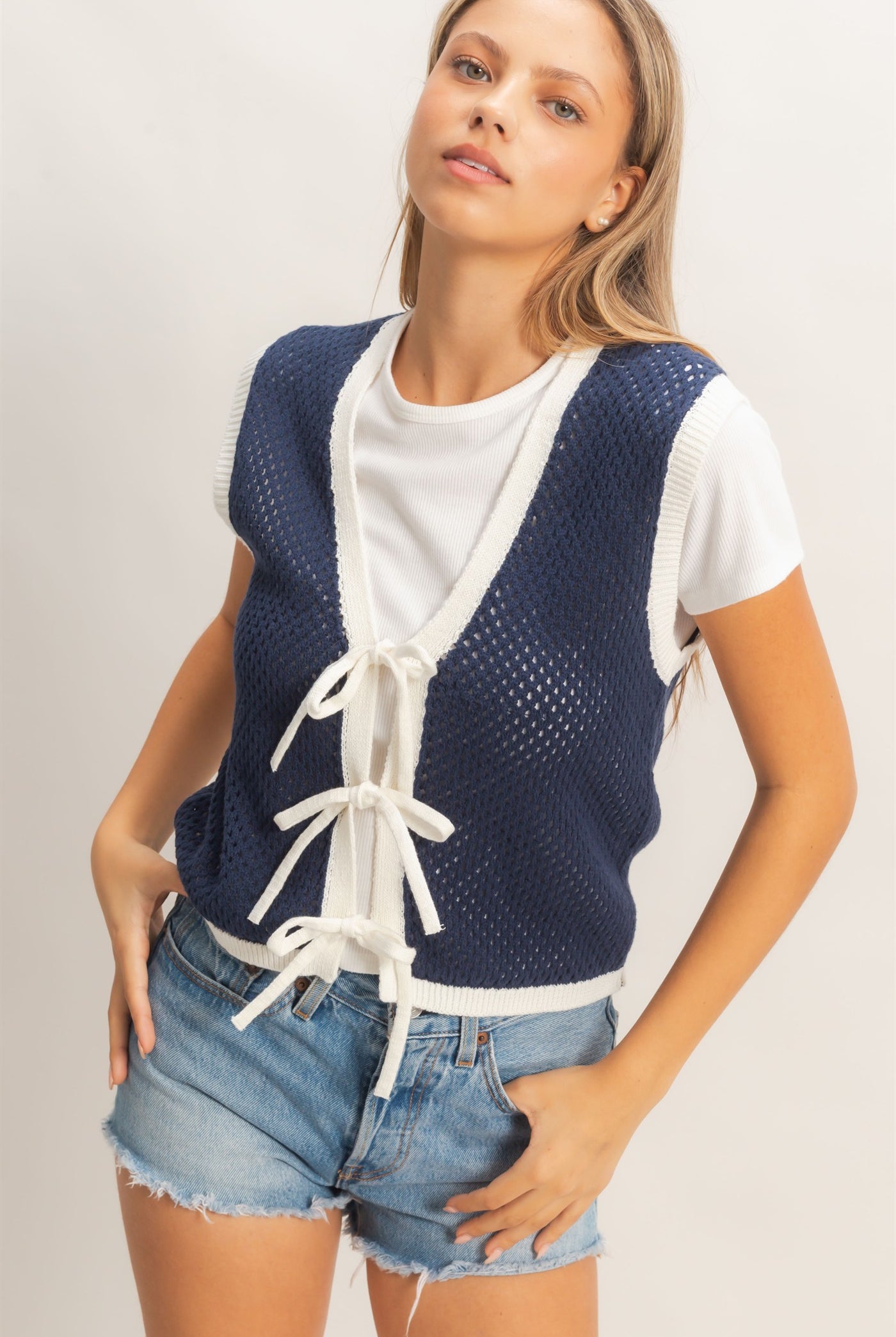 Wholesale Knit Vest With Tie Closure Sweaters HF26A238 NAVY/IVORY HYFVE