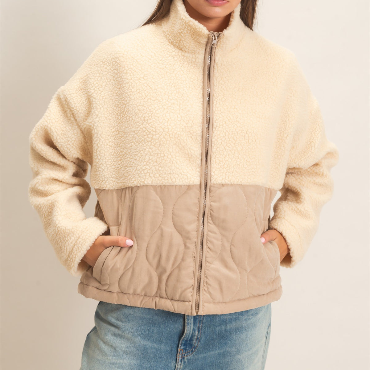 Wholesale Quilted Sherpa Zip Up Jacket Coats & Jackets DZ26F259 TAUPE DOUBLE ZERO